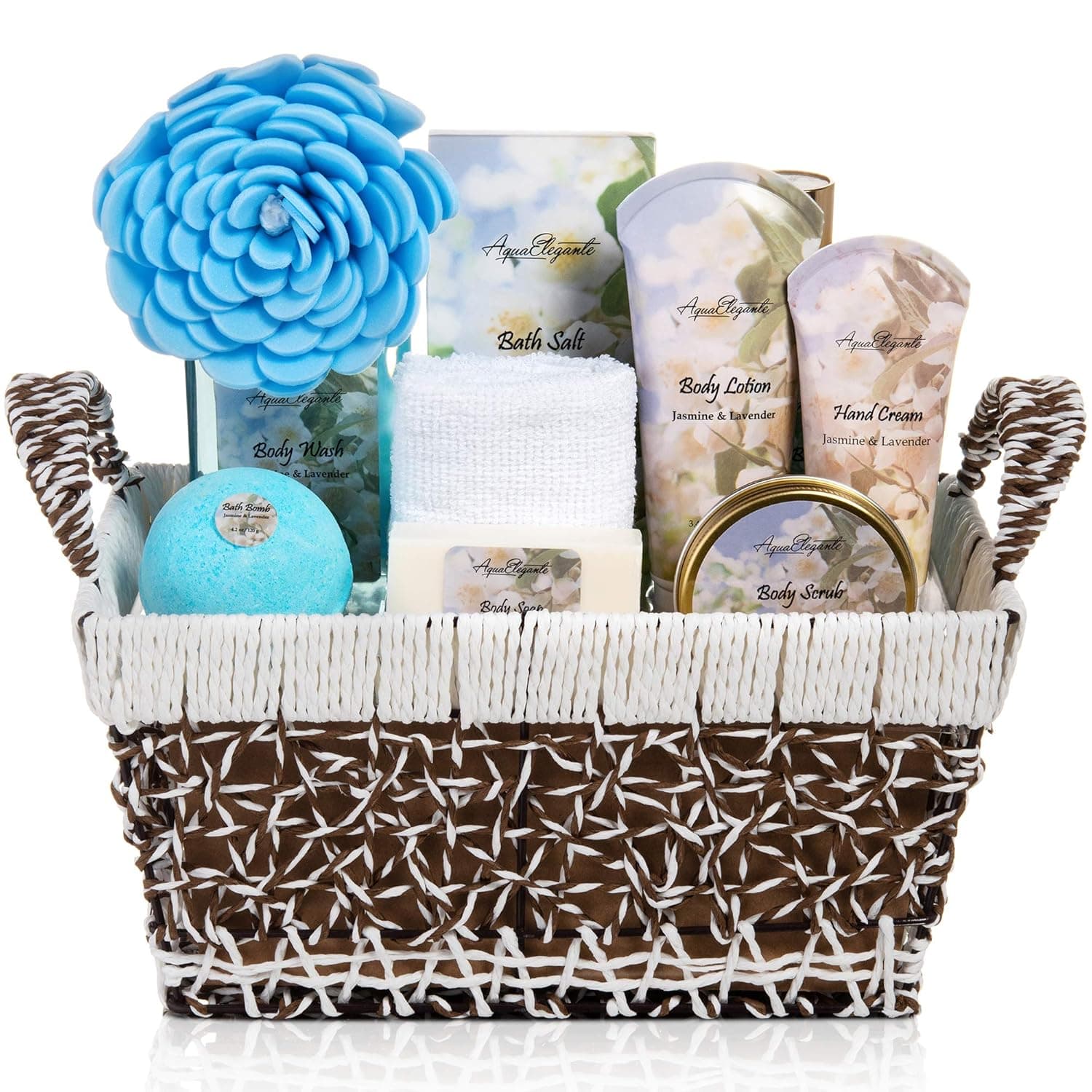 Spa Baskets For Women - Luxury Bath Set With Jasmine & Lavender - Spa Kit Includes Wash, Bubble Bath, Lotion, Bath Salts, Body Scrub, Body Spray, Shower Puff, Bathbombs, Soap and Towel