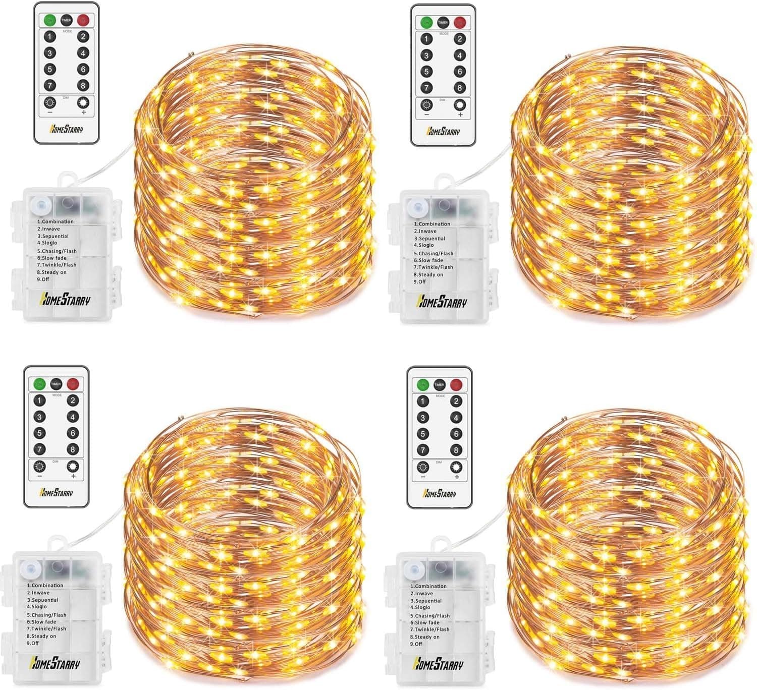 4 Pack Christmas Fairy String Lights, Battery Operated Waterproof 8 Modes Remote 50 Led 16.4ft Indoor Lights Copper Twinkle Lights for Bedroom Wedding Party Dinner Festival Decor (Warm White)