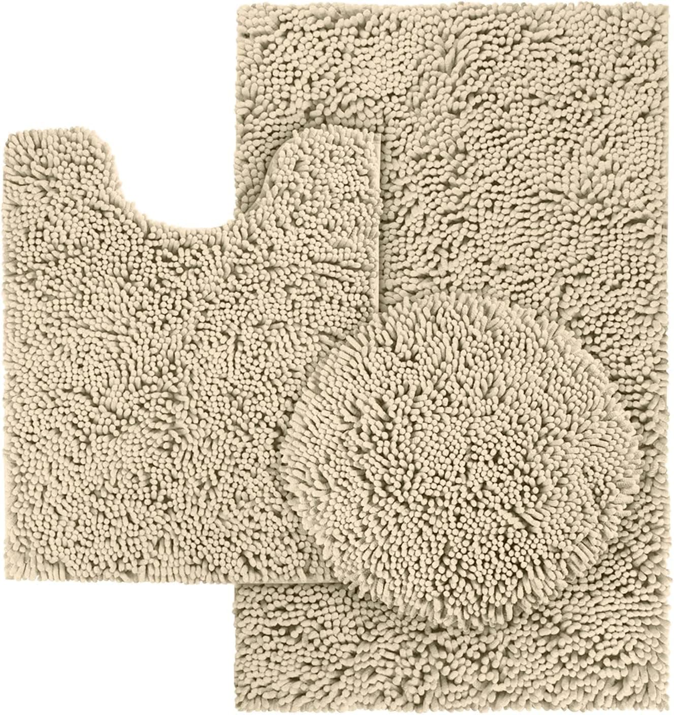 HOMEIDEAS 3 Pieces Beige Bathroom Rugs Set, Ultra Soft Non Slip Bath Rug and Absorbent Chenille Bath Mat, Includes U-Shaped Contour Rug, Bath Mat and Toilet Lid Cover, Perfect for Bathroom, Tub