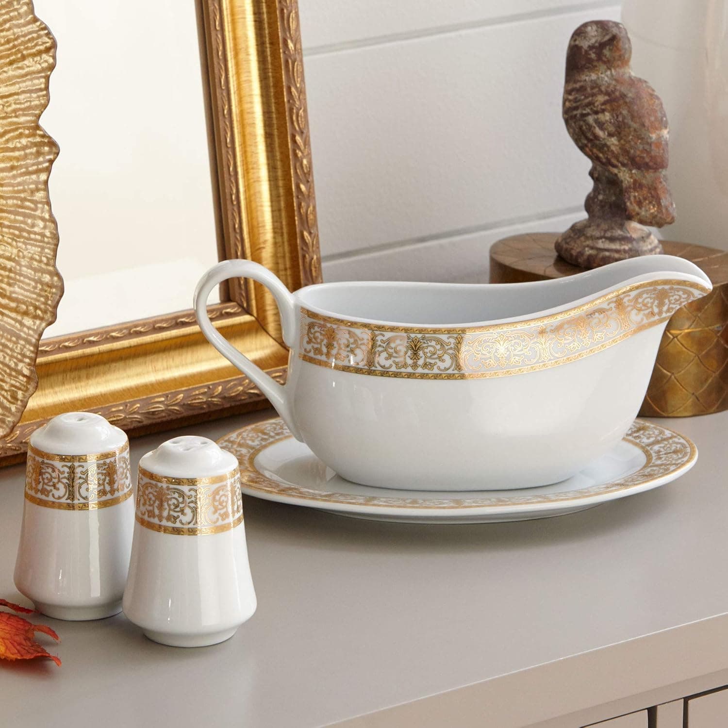BrylaneHome Medici 4-Pc. Porcelain Serving Set Flatware, Gold White
