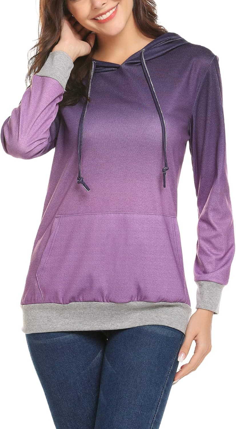 ZHENWEI Women Long Sleeve Pullover Hooded Sweatshirt Color Fade Hoodie Tops Casual Pullover Coat with Cap (Purple, Medium)