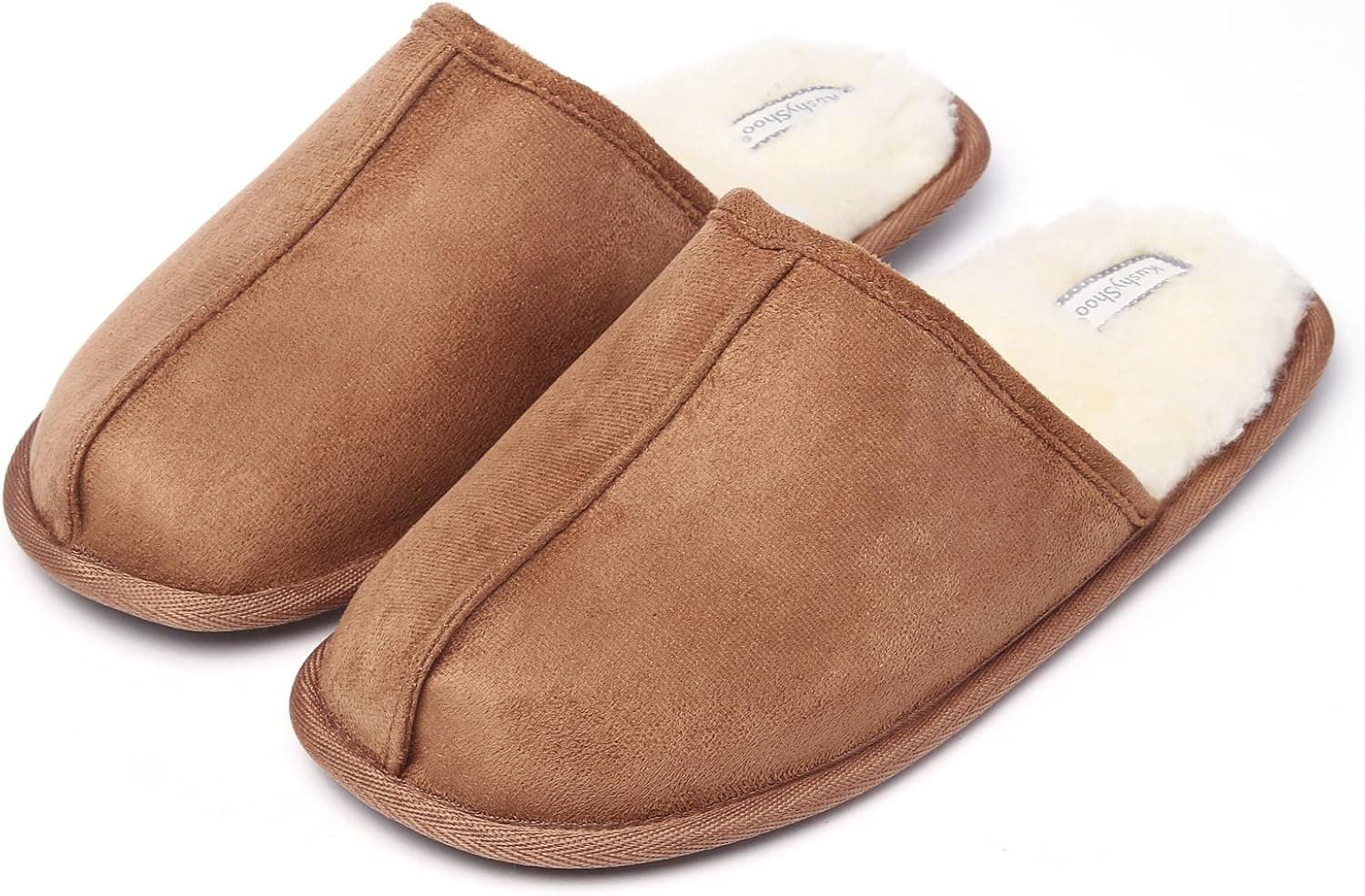 KushyShoo Mens Slippers, Scuff Fluff House Shoes, Slip-On Indoor Outdoor Slipper, Brown, Size 13