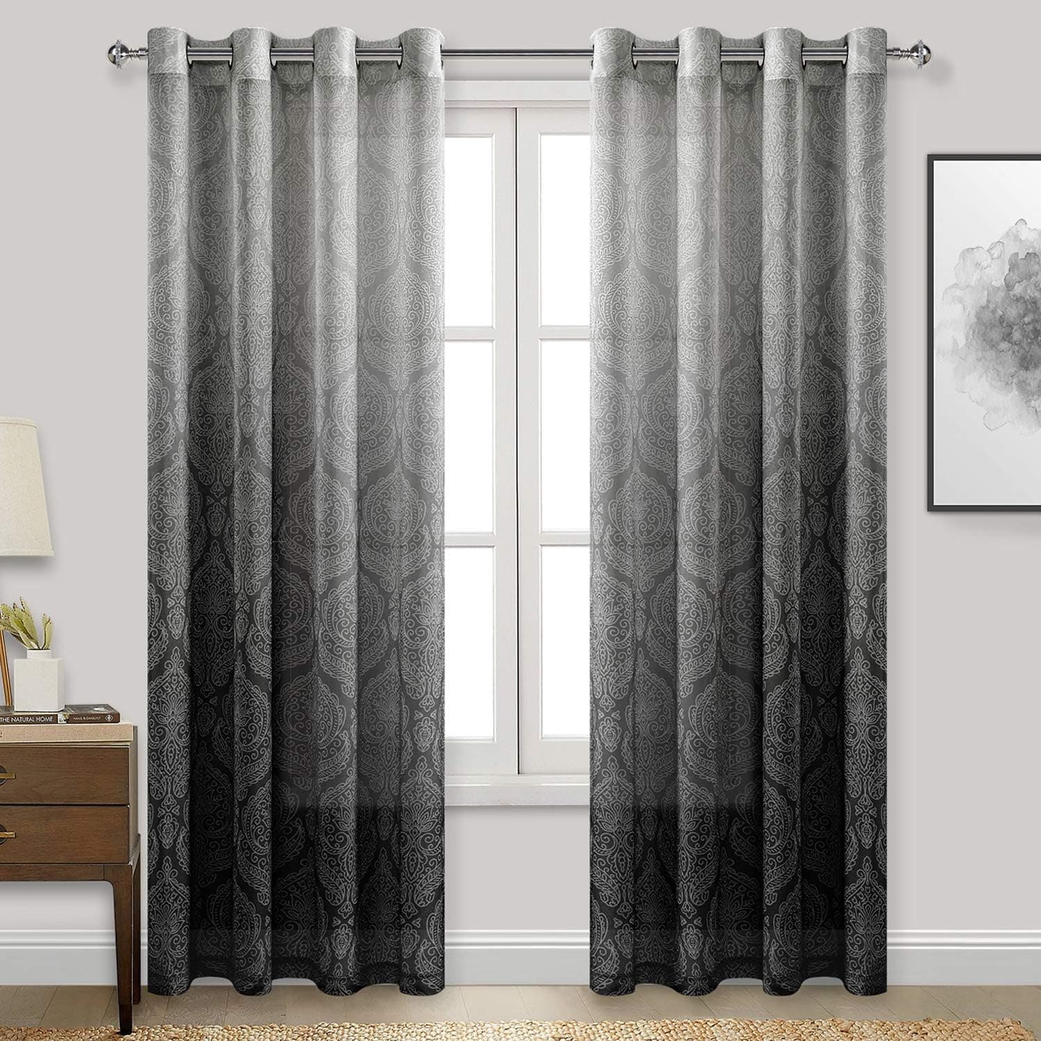 DWCN Black Faux Linen Ombre Semi Sheer Curtains - Damask Gradient Grommet Voile Curtains for Bedroom Living Room, 52 x 84 inches Long, 2 Window Curtain Panels