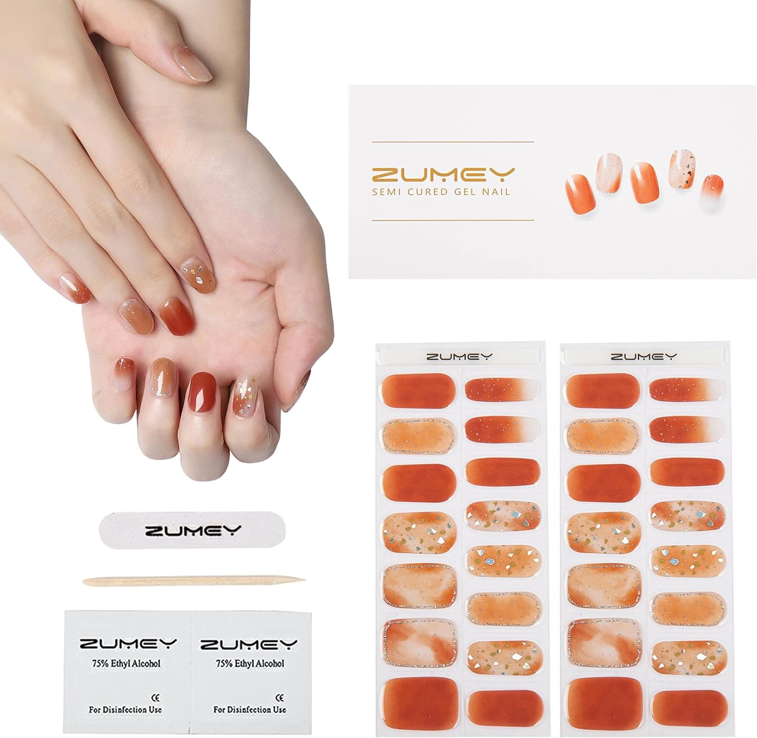 ZUMEY Semi Cured Gel Nail Strips – Gel Nail Polish Stick On Nails Kit – Glossy & Long Lasting Nail Stickers for Nail Art for Women, 30pcs Extra Long Stickers, UV Lamp Required (Earl Grey)
