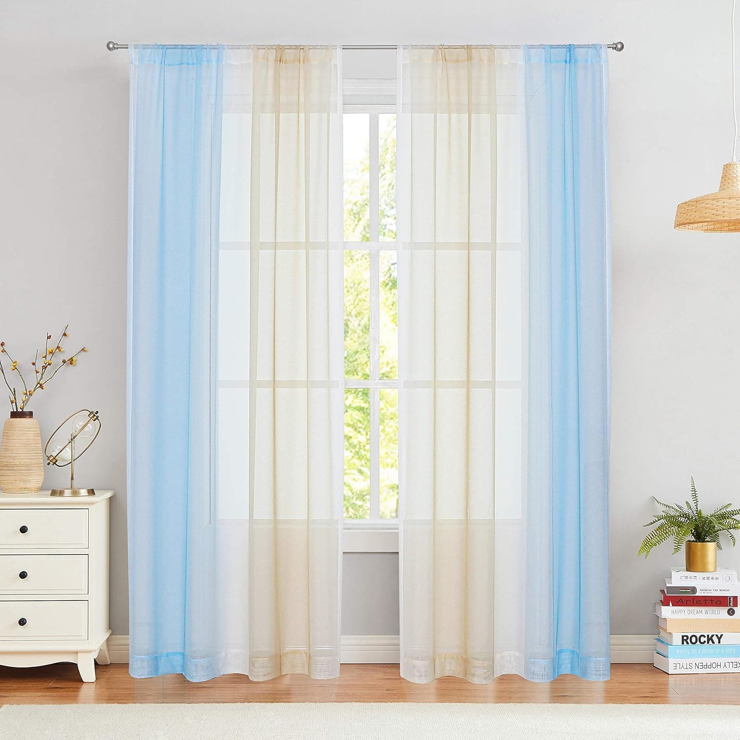lefeng Ombre Sheer Curtain Panels 84 Inches Long for Girls Bedroom and Living Room, Light Filtering Gradient-Color Window Drapes with Rod Pocket, 54"x84"x2, Light Gold and Blue