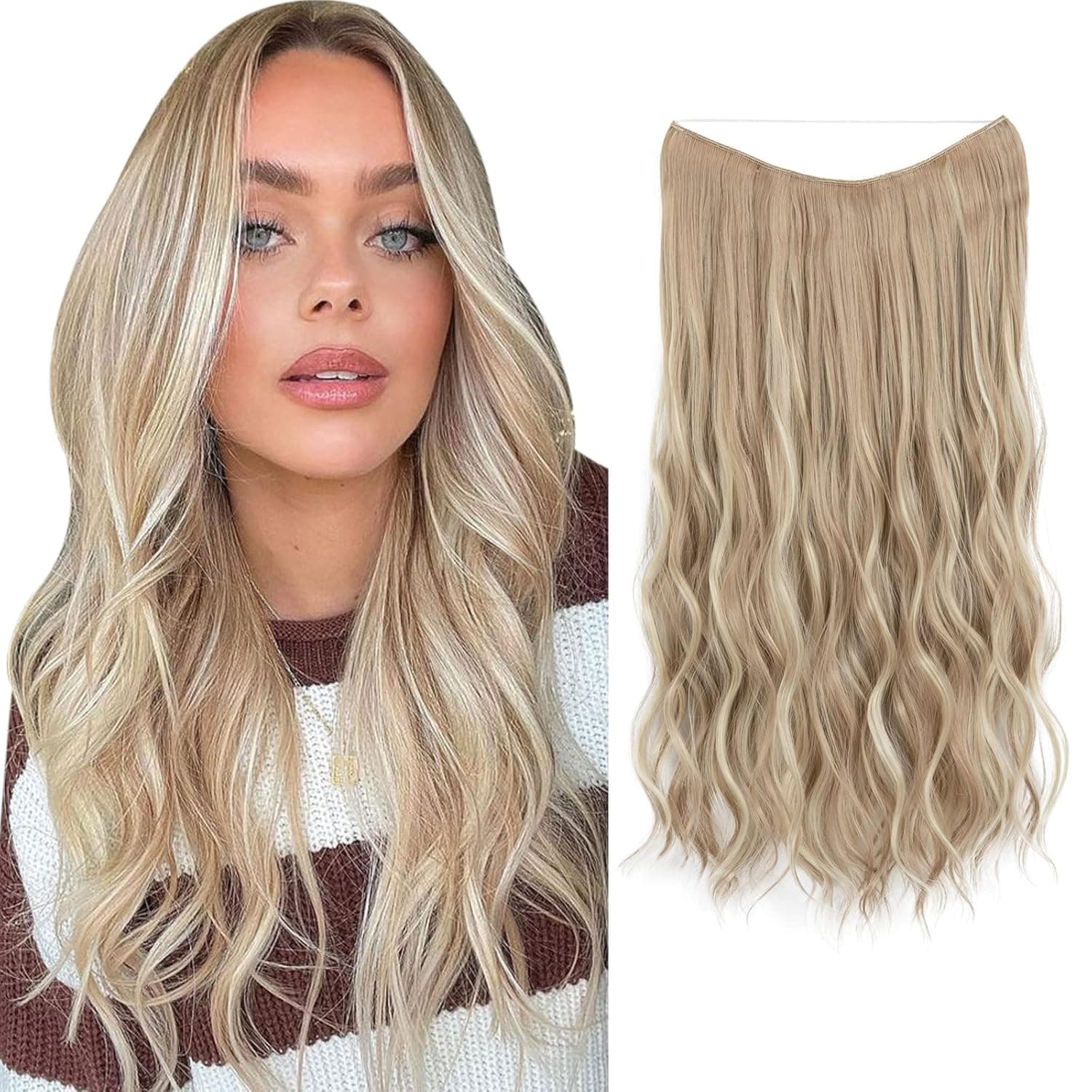 SARLA Highlight Invisible Wire Hair Extension with Clips Dirty Blonde Long Synthetic Clip in Beach Wave Hairpiece for Women Size Adjustable 20 Inch