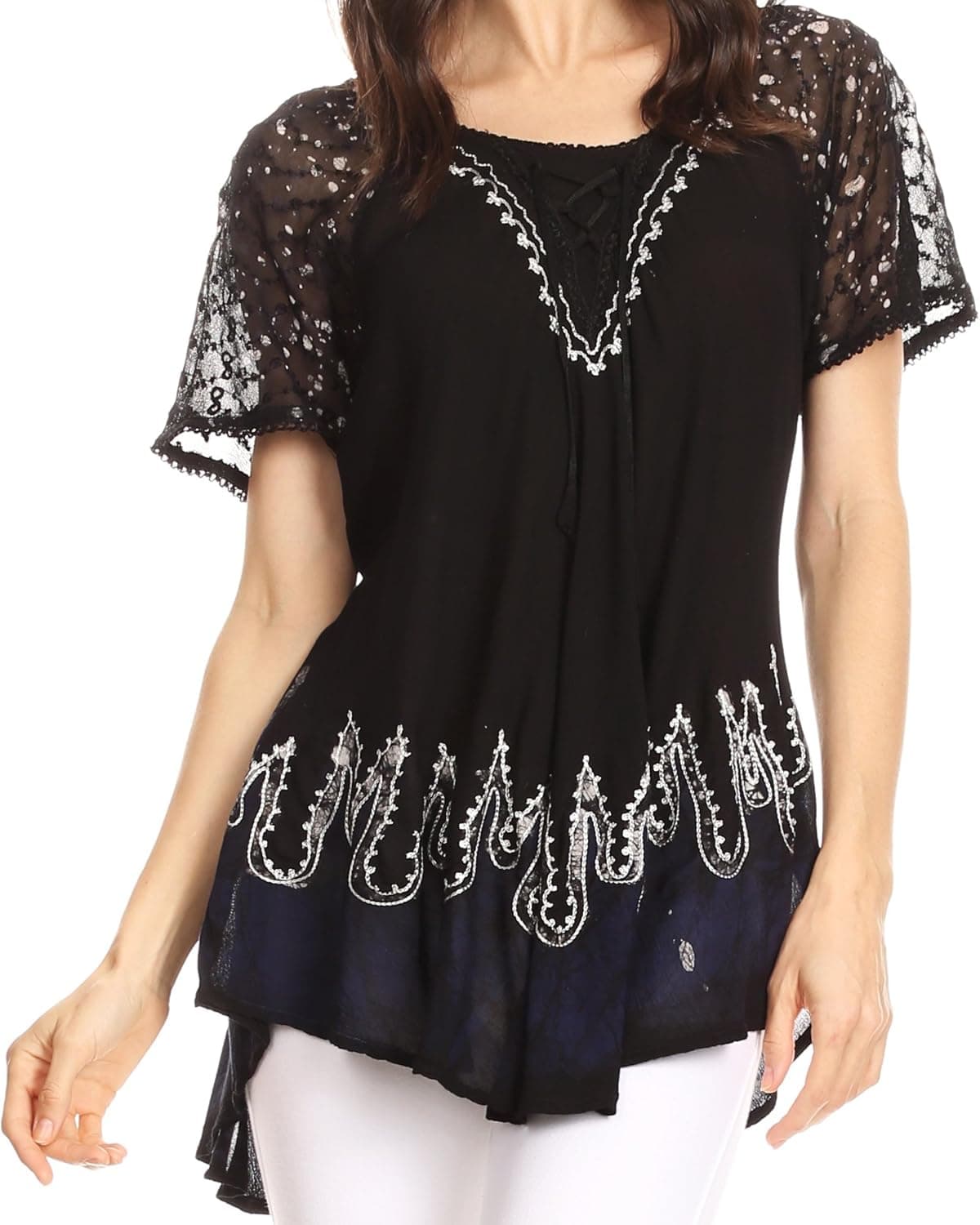 Sakkas Cora Relaxed Fit Batik Design Embroidery Cap Sleeves Blouse/Top