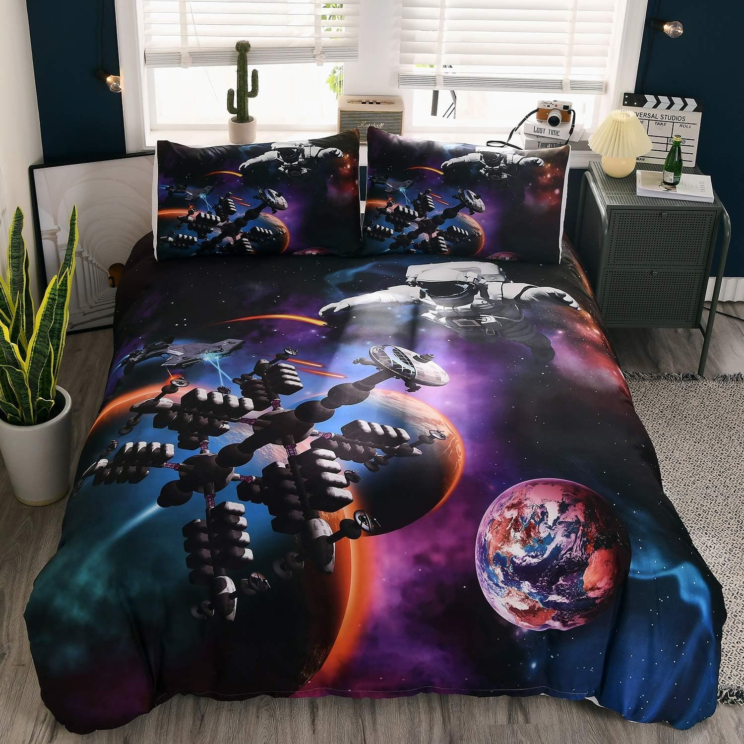 Namoxpa Bedding Duvet Cover Set Full with Zipper Closure,Astronaut in The glaxy Pattern, Brushed Microfiber, Lightweight Soft, Durable