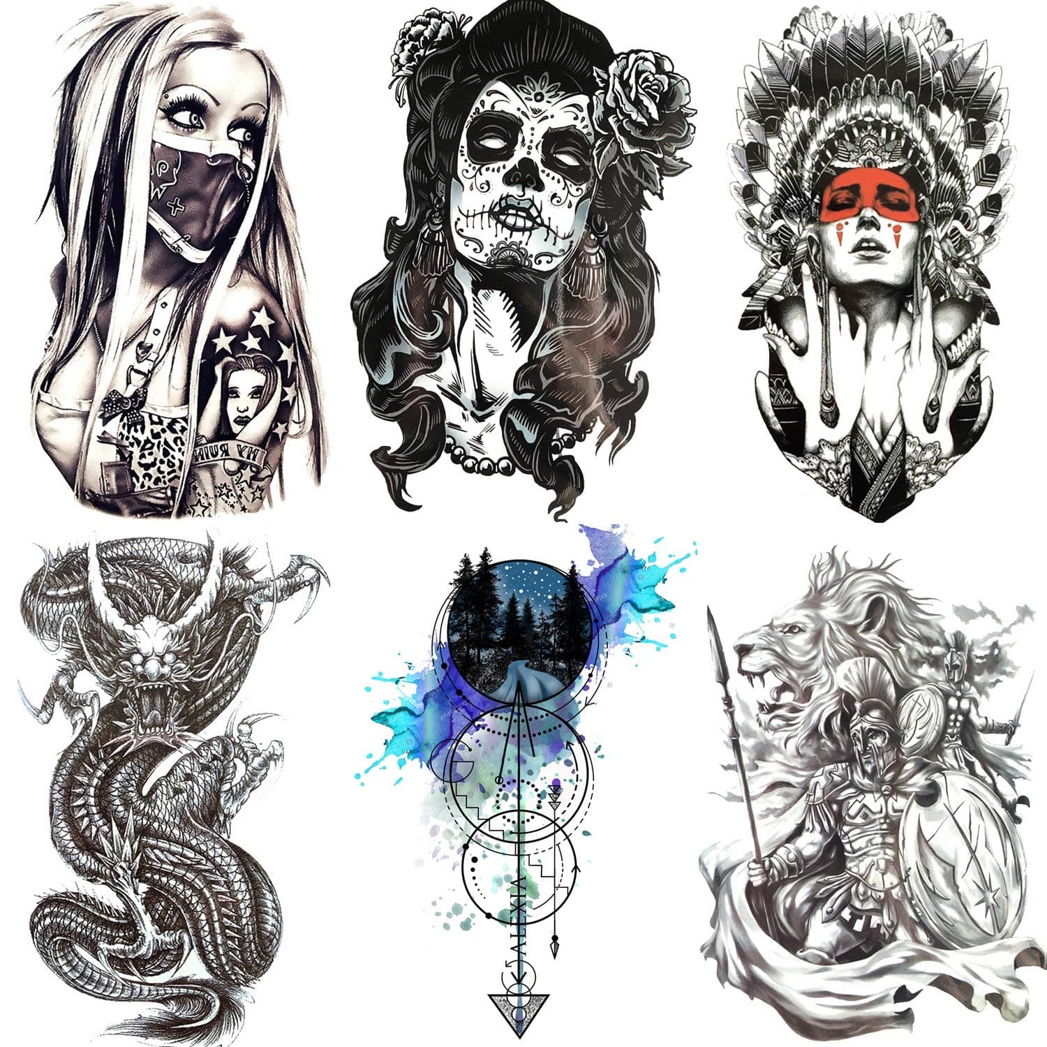 COKTAK 6 Pieces/Lot Large Black Dragon Temporary Tattoos Stickers For Men Boys Death Skull Anchor Arrows Waterproof Fake Tattoos For Women Arm Gangster Spartan Indian Warrior Tatoos Adult Armband
