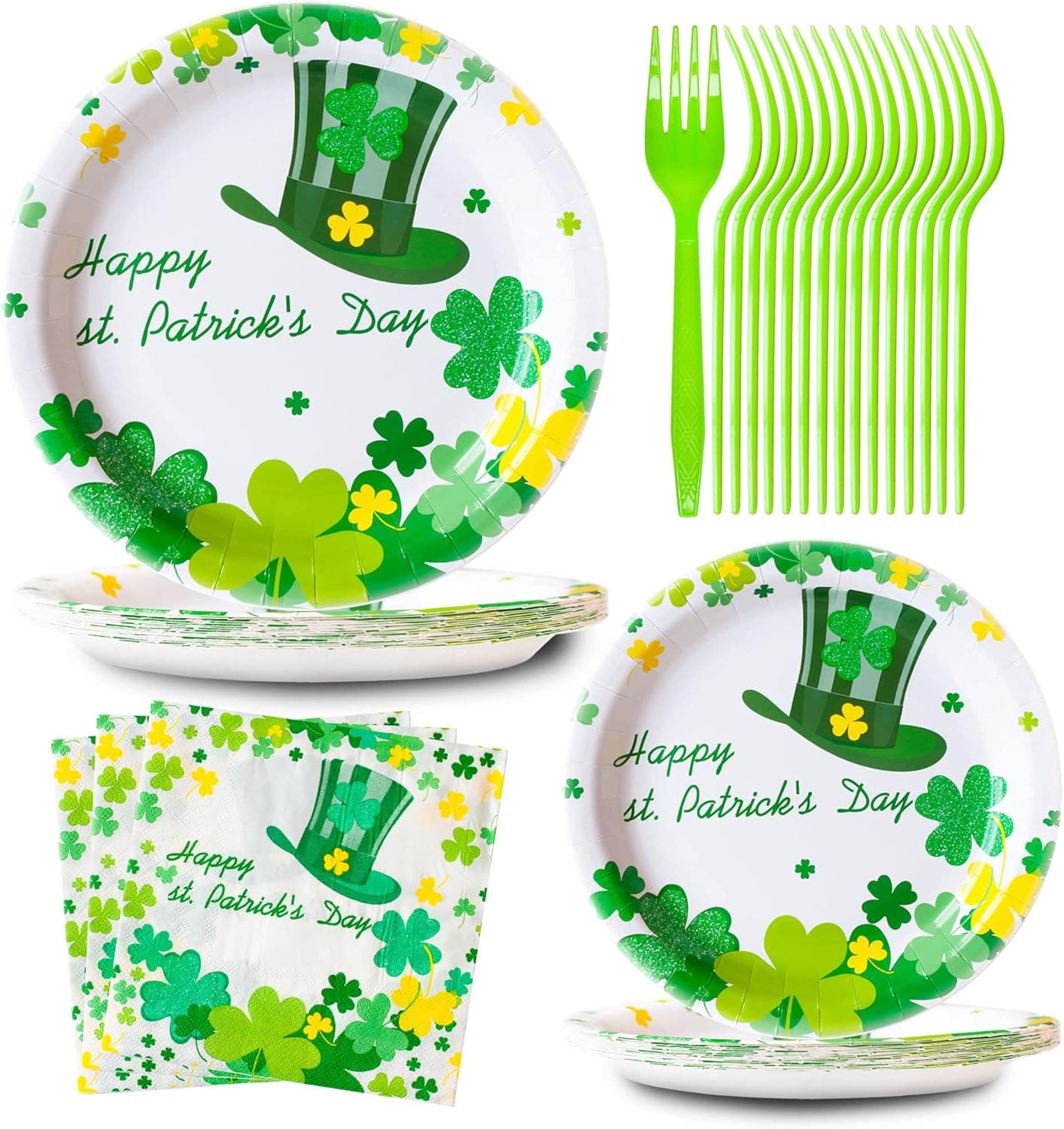 St Patricks Day Party Supplies, 96 PCS St. Patrick's Day Party Favors Decorations Paper Plates Napkins Set Irish Green Shamrock Theme Decor Birthday Party Baby Shower Decorations Favors, Serve 24