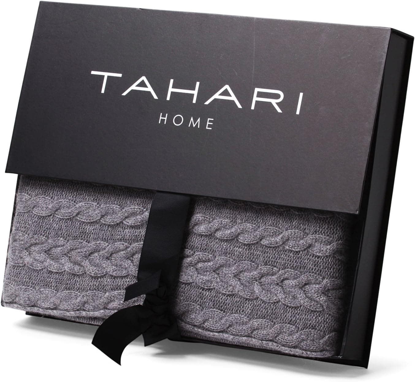 Tahari Home 100% Cashmere Cable Knit Throw Luxury Knitted Blanket in Charcoal Grey Dark Gray