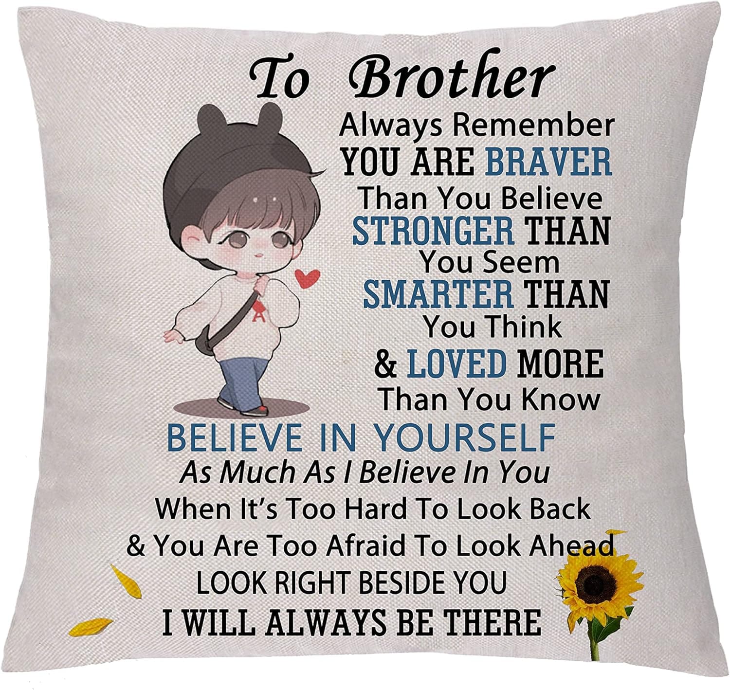 GHORIHUB Brother Pillow Cover Funny Sunflower Pillowcases Inspirational Birthday Gift Linen Cushion Covers Graduation Motivational Keepsakes Sofa Car Decorations Thank You (Color 3)