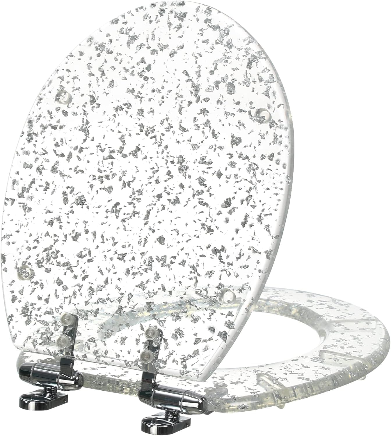 Resin Toilet Seat Round Soft Close Quick Release Heavy Duty Toilet Seats with Glitter Cover Acrylic Seats Silver Foil 17 Inch