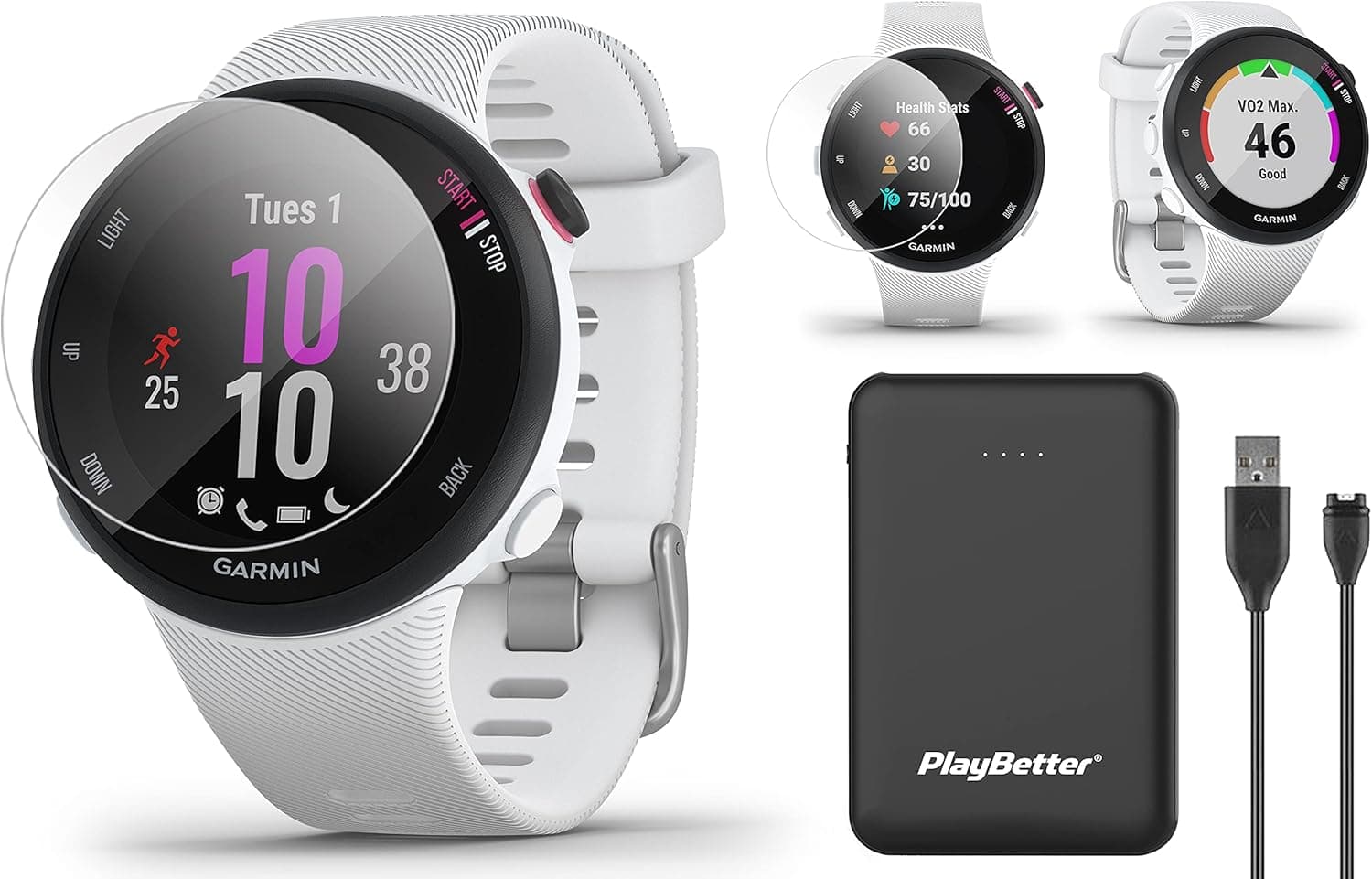 Garmin Forerunner 45S GPS Running Watch Power Bundle | Includes PlayBetter Portable Charger & HD Screen Protectors | Running Heart Rate Watch | Pace, Distance, Stress Tracking | White, 010-02156-00
