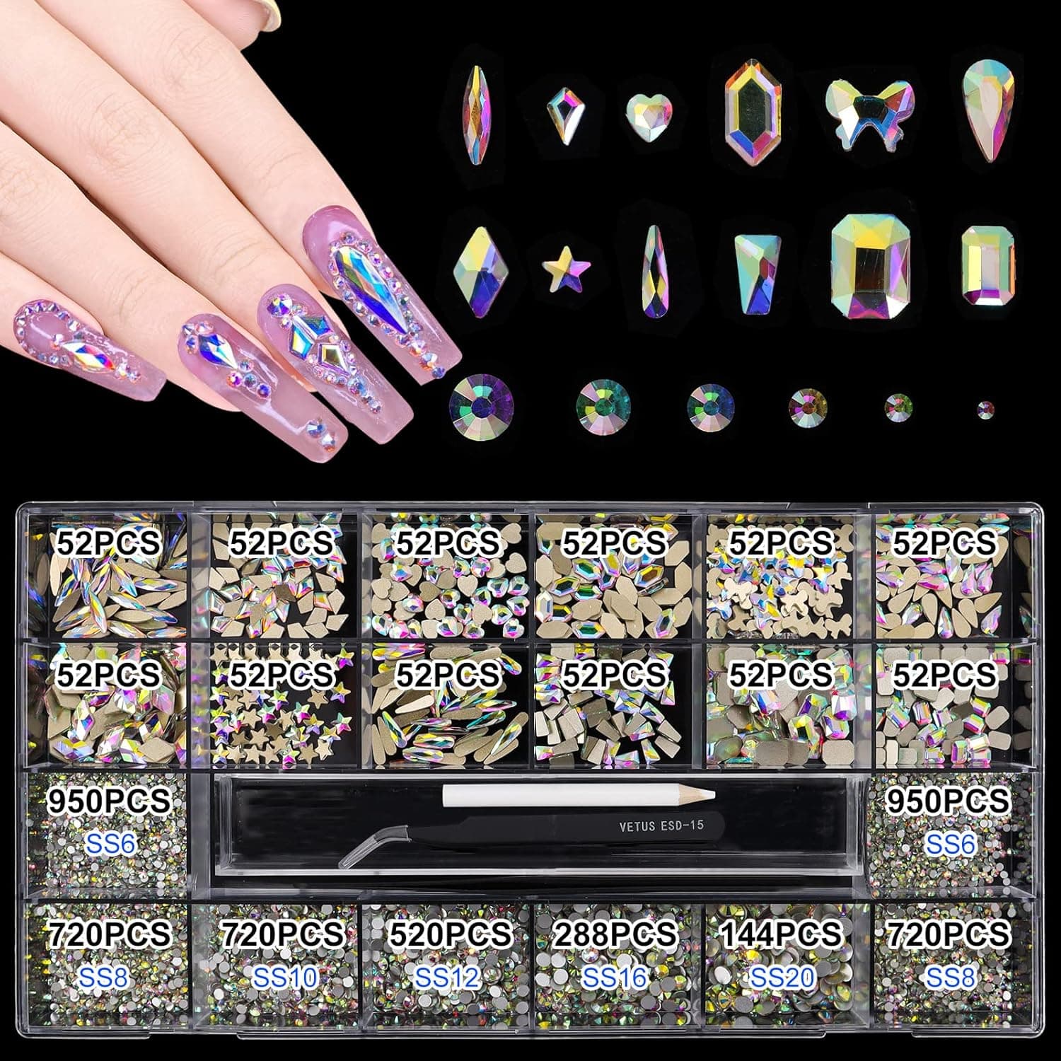 5636Pcs AB Crystal Nail Rhinestones Set, Multi-Shape 3D Diamond Glass Crystal Flat Bottom, for Nail Art DIY Crafts Phones Clothes Jewelry Bag Decoration, Professional Drill Pen and Tweezers