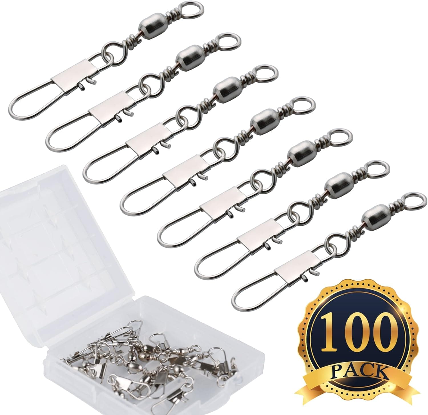 SUBANG 100 Pcs Barrel Swivel with Safty Snap (Size B) Connector Solid Rings Fishing #7 and Storage Case