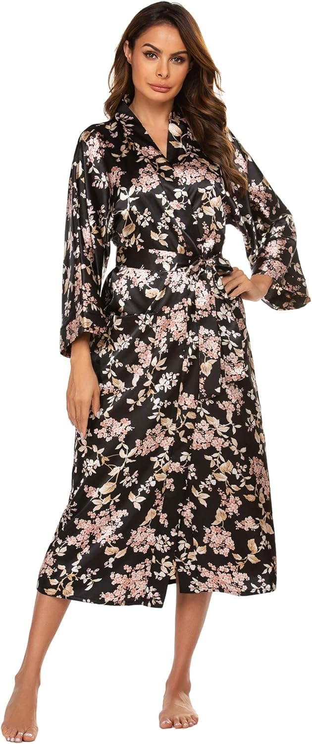luxilooks Silk Robes for Women Kimono Robe Floral Long Satin Robe for Bridal Party S-XXL