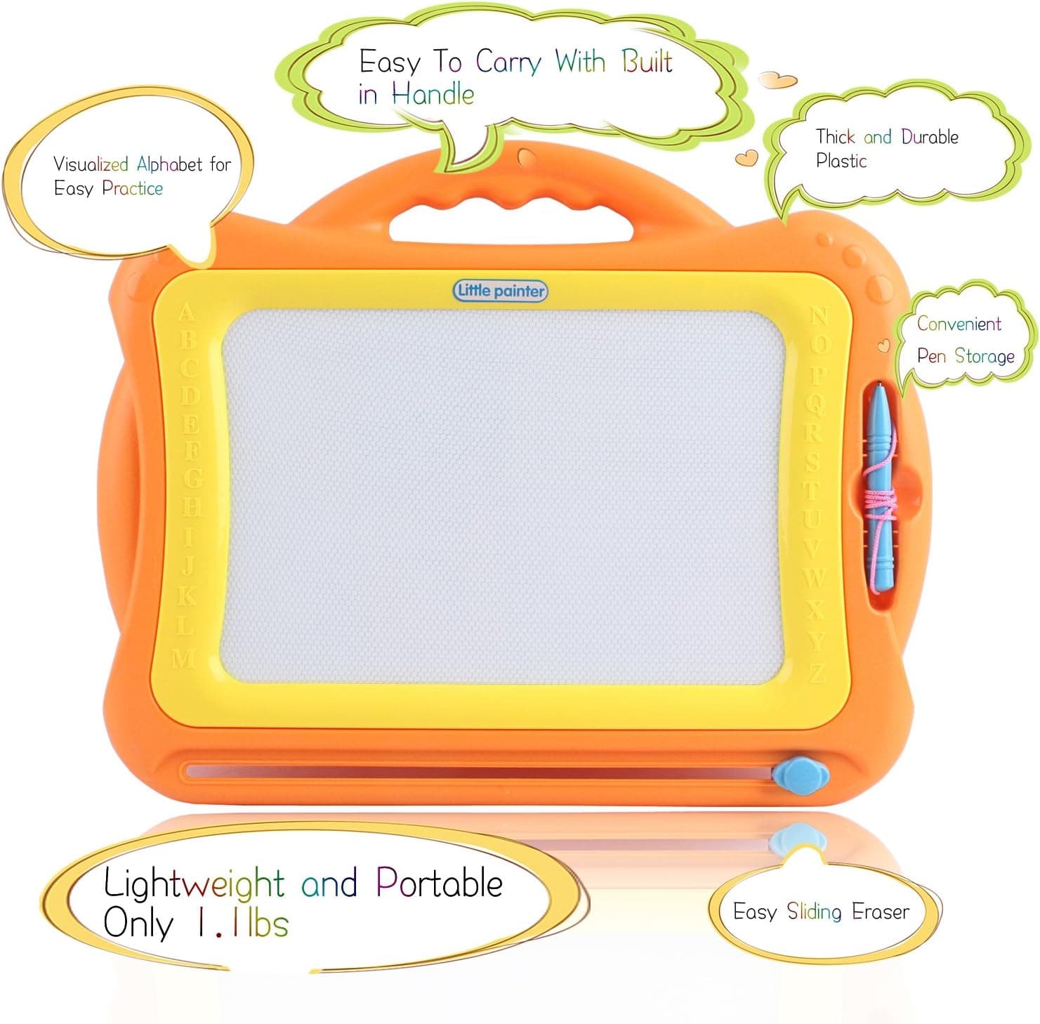 Magnetic Drawing Board Kids | 4 Color Zone Erasable Doodle Pad Educational Sketching Boys Girls 3 Years Up - Orange and Yellow