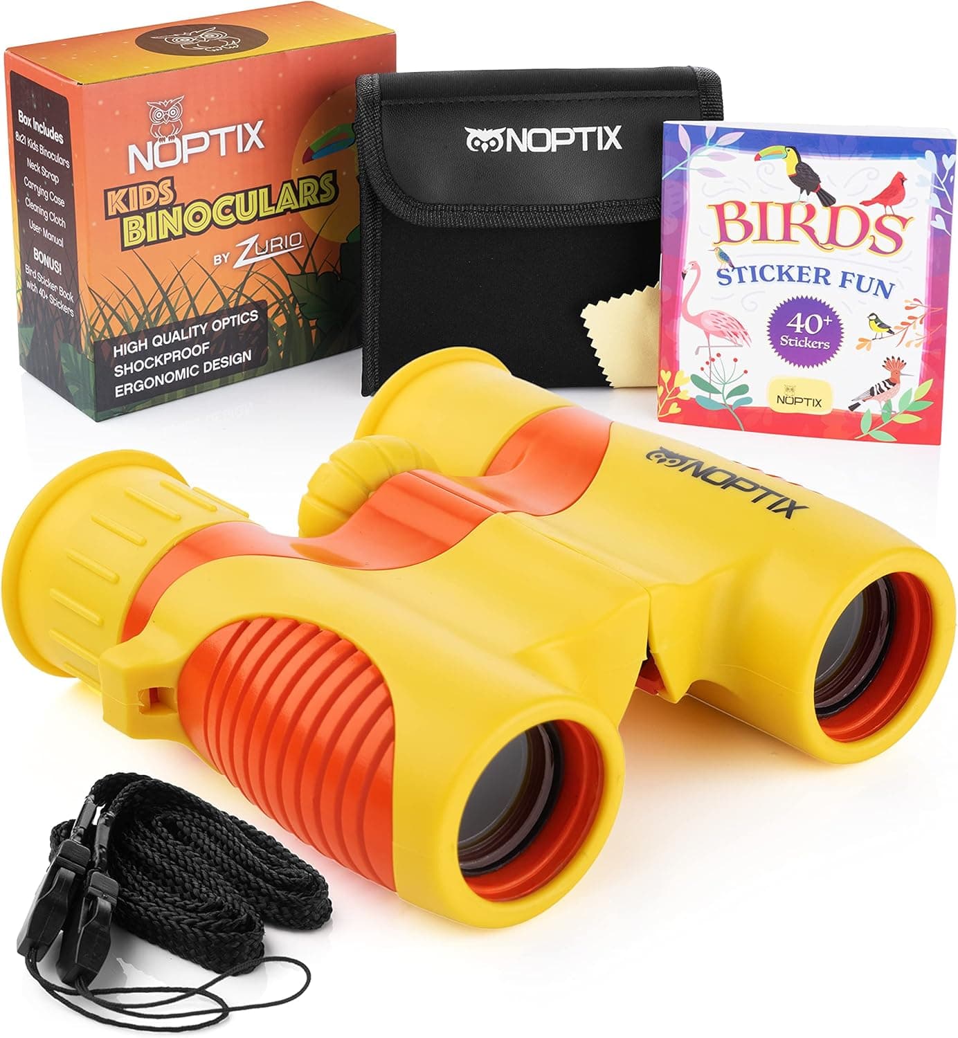 Childrens Binoculars - Girls or Boys Real Kids Binoculars in Vibrant Yellow and Orange - for Ages 3 to 14 - Includes Sticker Book of 40 Birds with Species Names