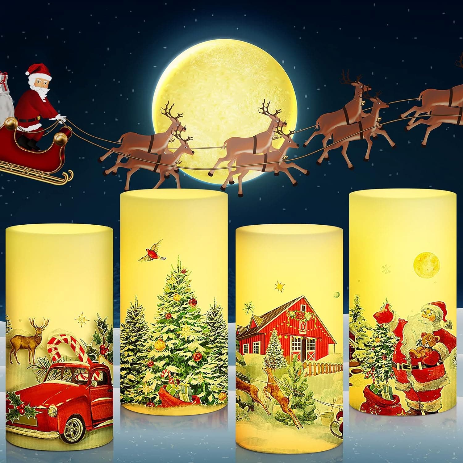 4 Pieces Christmas Flameless Candles Snowman Santa LED Pillar Candles Red Truck Reindeer Christmas Decal Battery Operated Candles White Warm Light for Xmas Tree Winter Holiday Party Decoration