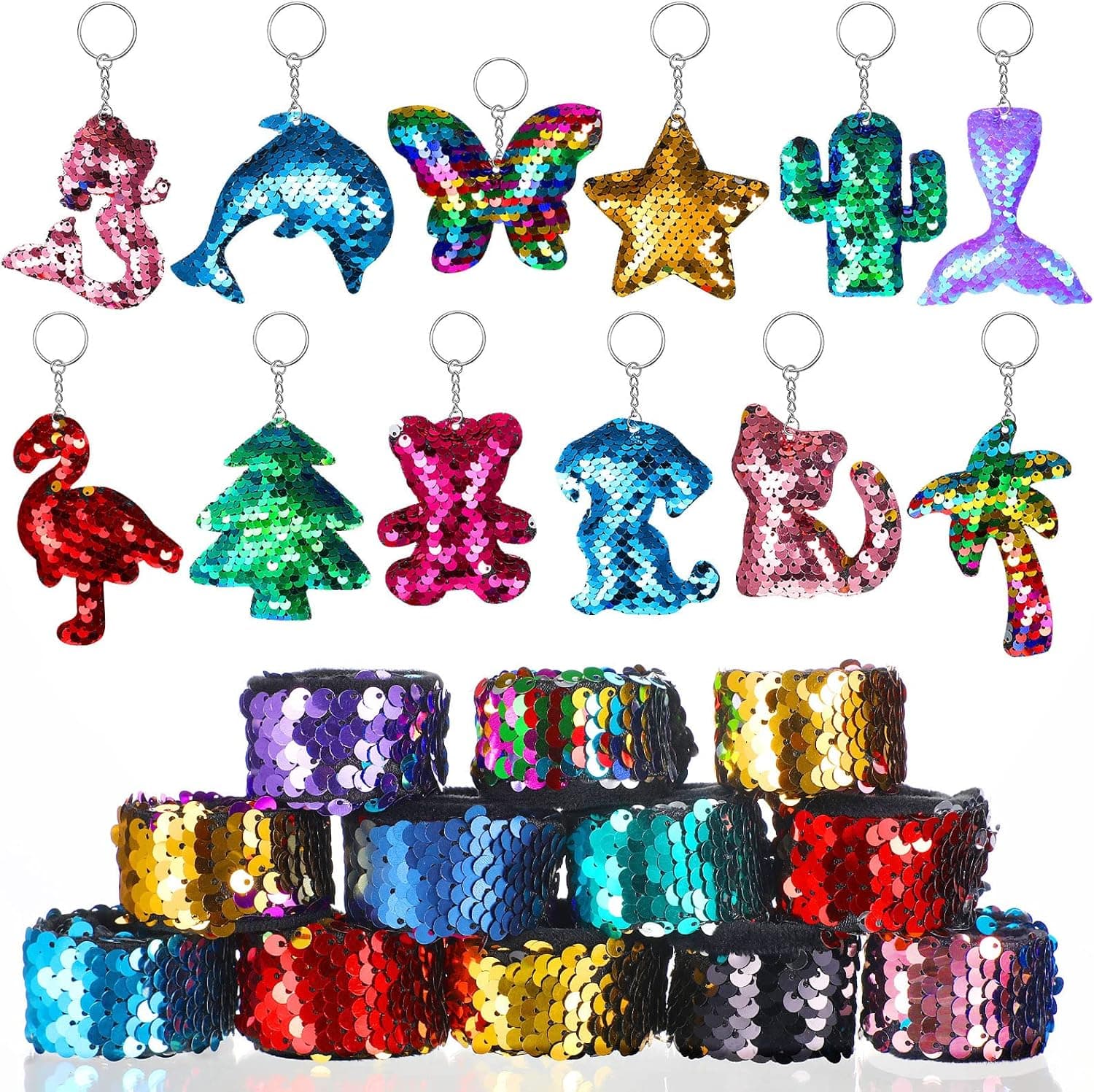 12 Pcs Glitter Slap Bracelet with 12 Pcs Sequin Keychain, Mermaid Reversible Sequin Bracelet Flip Cute Keychain for Sequin Party Favors Kids Birthday Party Gifts Mermaid Party Supplies