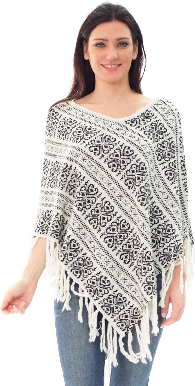 Avanti Bottega Women's Baroque Sweater Knit Poncho with Fringe OS White
