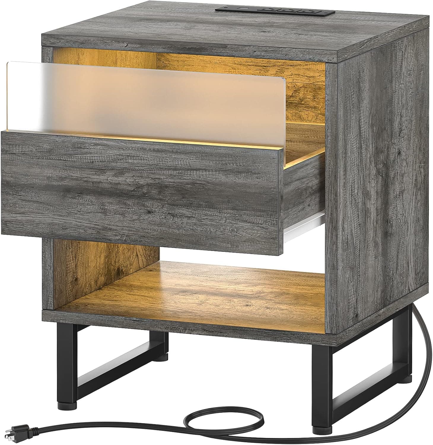 Nightstand Set of 2 with Charging Station and LED Light, Bedside Table with Large Storage Drawer for Bedroom, White Night Stand Modern End Table Sofa Side, Gray Oak