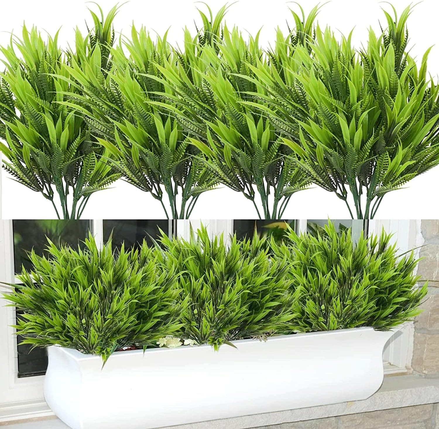 HUAESIN 8 Bundles Artificial Outdoor Plants Fake Fern Plant Fake Wheat Grass Greenery Shrubs for Outdoors Patio Porch Window Box Home Garden Plants Decor