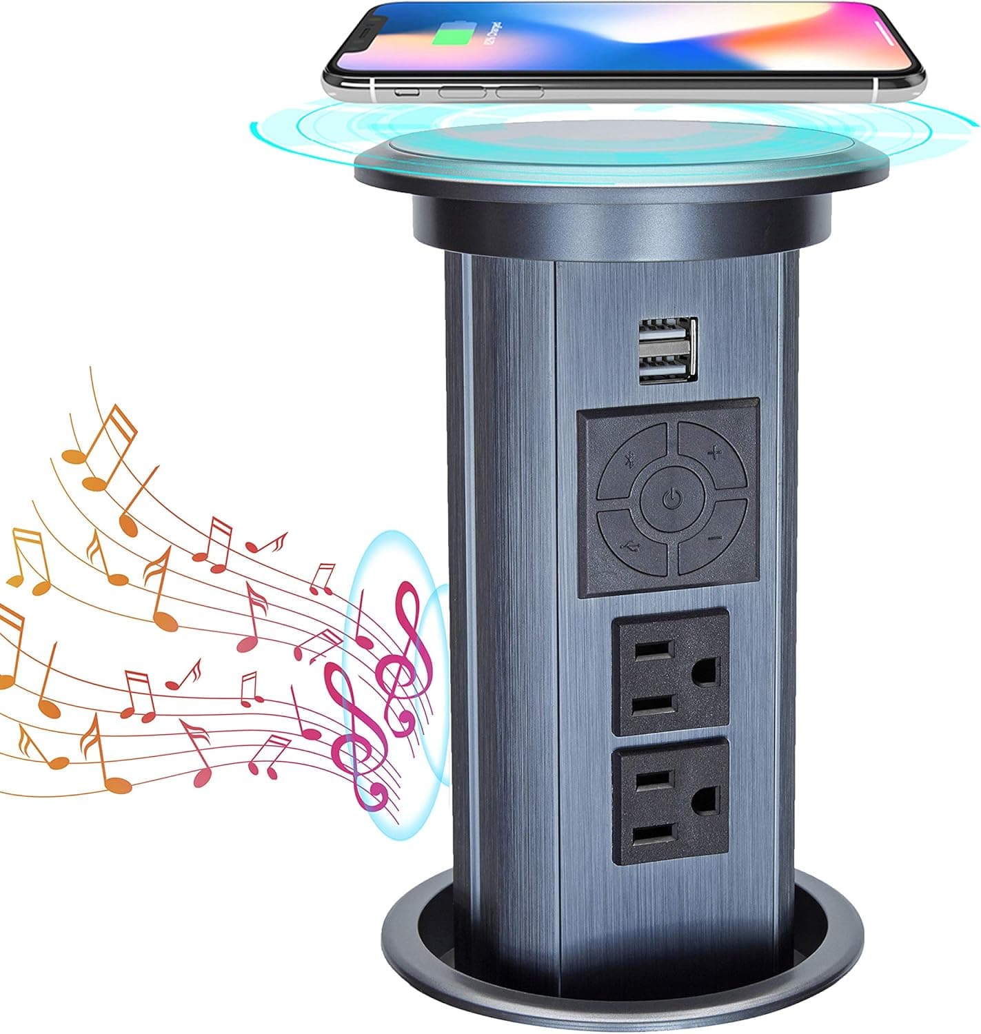 Kungfuking Intelligent Motorised Pop Up Outlet Surge Protector Power Strip Retractable Outlet & Dual USB with Wireless Charging Stations and Bluetooth Speaker for Kitchen, Conference Room (Grey)