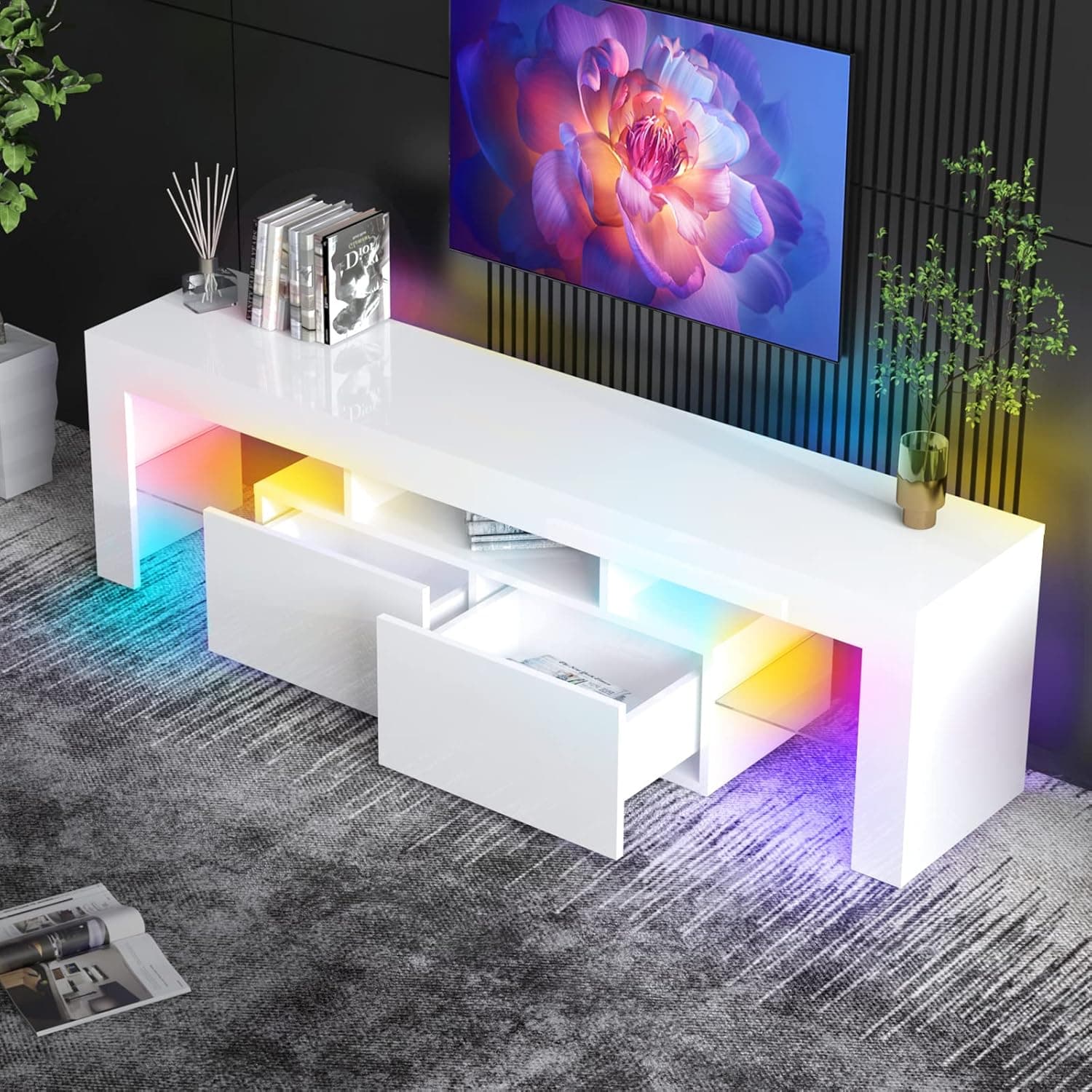Mjkone White TV Stand for 65+inch TV, Led TV Stands Control RGB Light Strips by Mobile Phone, High Gloss Television Stands,Entertainment Center with 2 Drawer Suitable for Living Room/Bedroom (White)