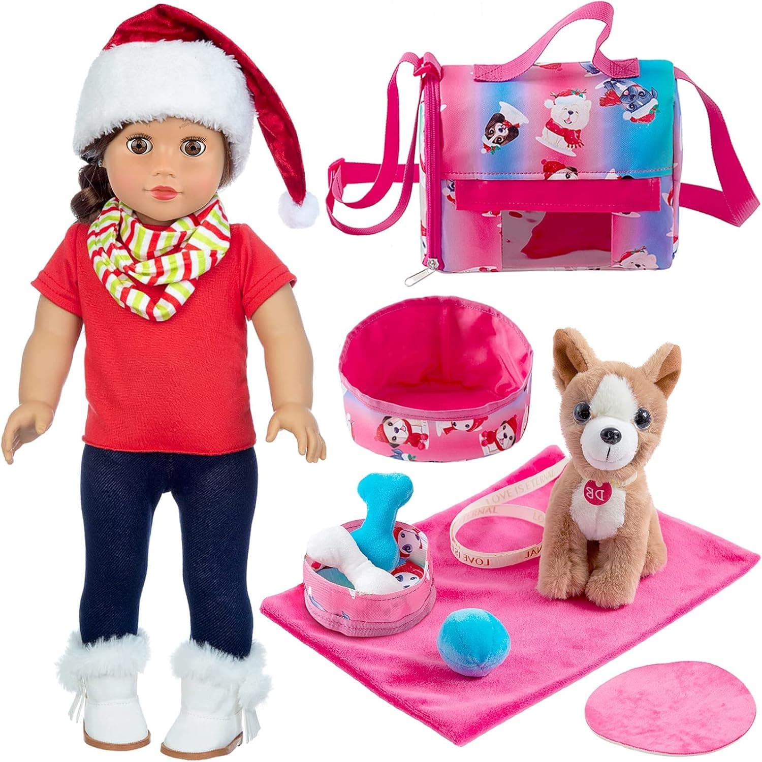 ZITA ELEMENT 18 Inch Girl Doll Christmas Clothes Accessories and Toy Pet Set - Doll Christmas Outfits Clothes Set for 18 Inch Dolls with Pet Carrier Bag and Accessories for Kids