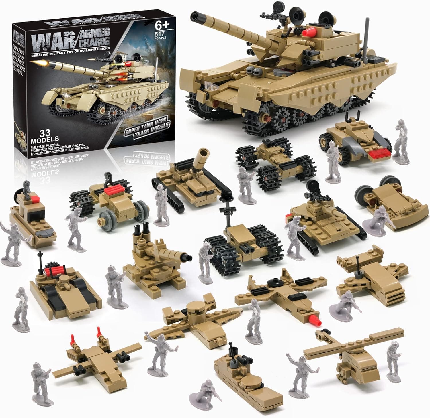 Army Toys Building Kit with Toy Soldiers, Create a Army Tank Model or 16 Small Military Vehicles, Army Men Toys Gifts for Boys Kids Age 6 7 8 Years Old, with 517 Building Blocks and 33 Shapes
