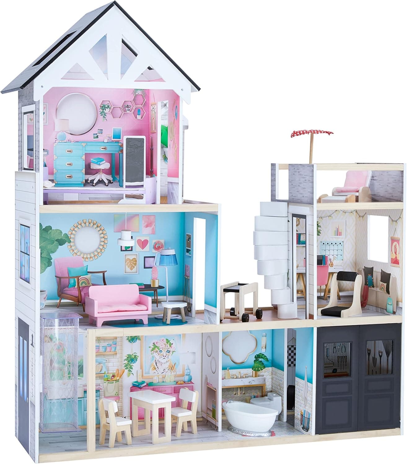Olivia's Little World - Large DIY Doll House, Dreamland Mansion 3 Floor Wooden Doll House for Child Kids Toddler, 12 inch Dolls, Barbie Sized