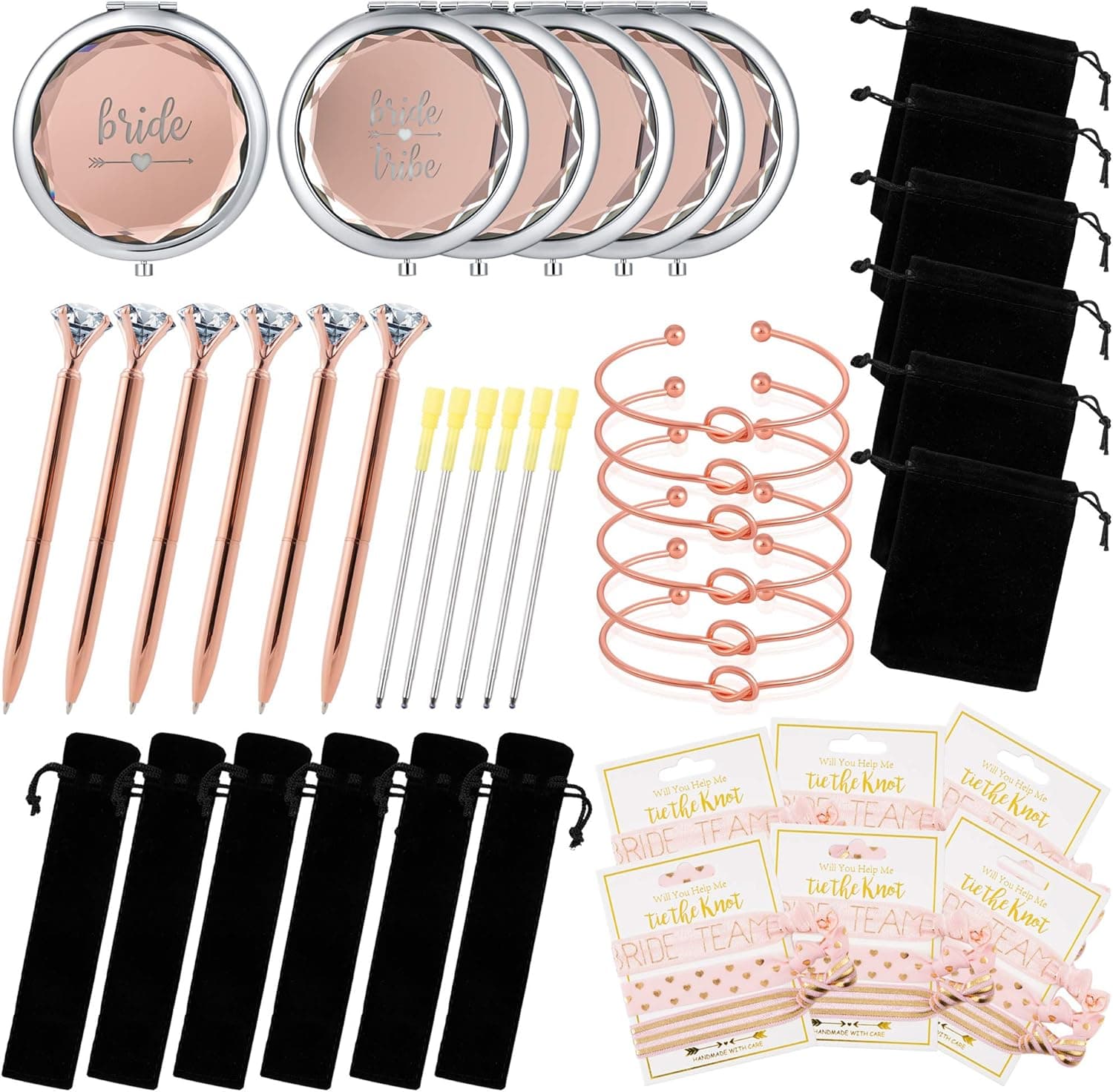 54pcs Bridesmaids Proposal Gift 6 Compact Pocket Bride Makeup Mirrors,6 Love Knot Bracelet,18 No Crease hair ties, 6Diamond Crystal Pen with 6 Pen refill and 6 velvet pen pouches ,6 velvet bags