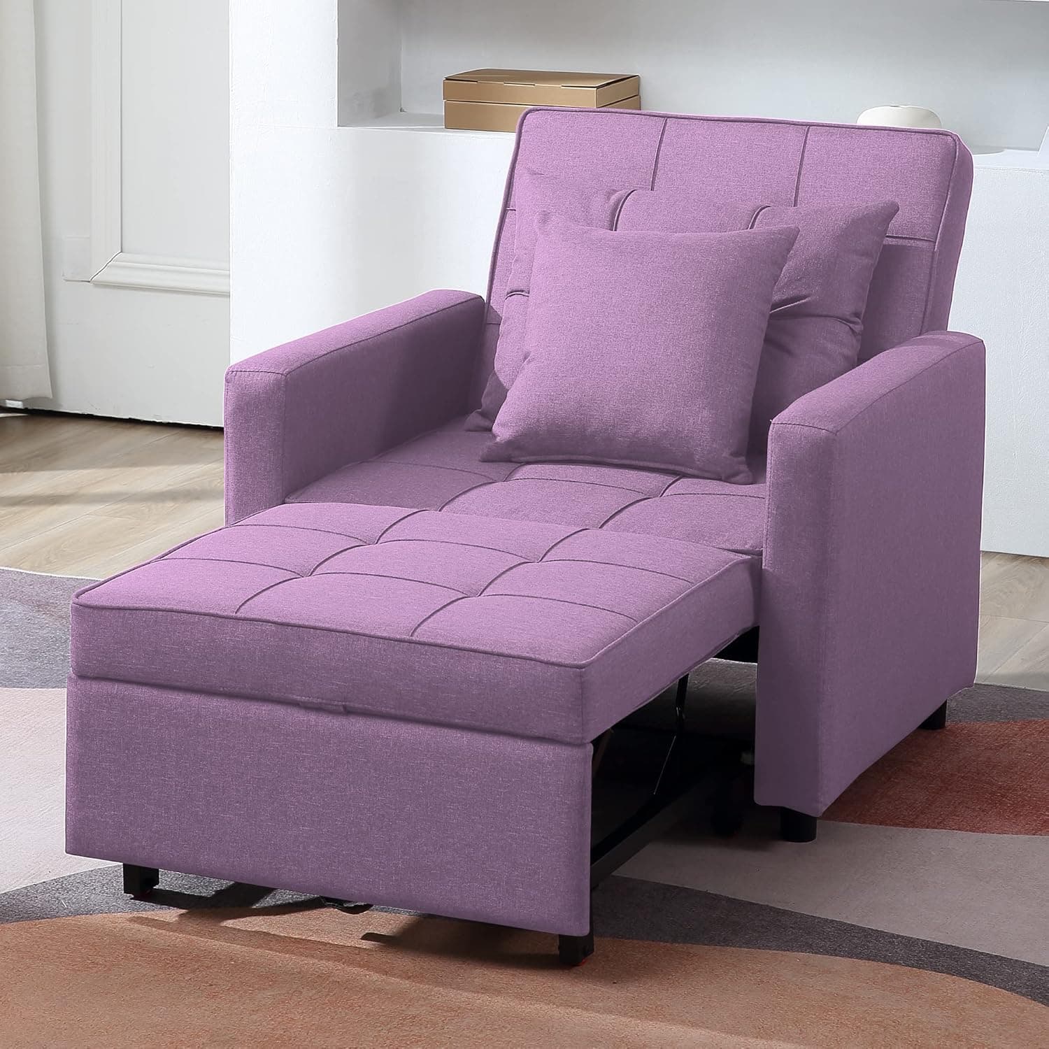 3-in-1 Chair Bed, Folding Sofa Bed with Adjustable Backrest, Pull Out Sleeper Chair Bed, Multi-Functional Single Armchair,Modern Linen Fabric Chair Bed (Linen Purple)