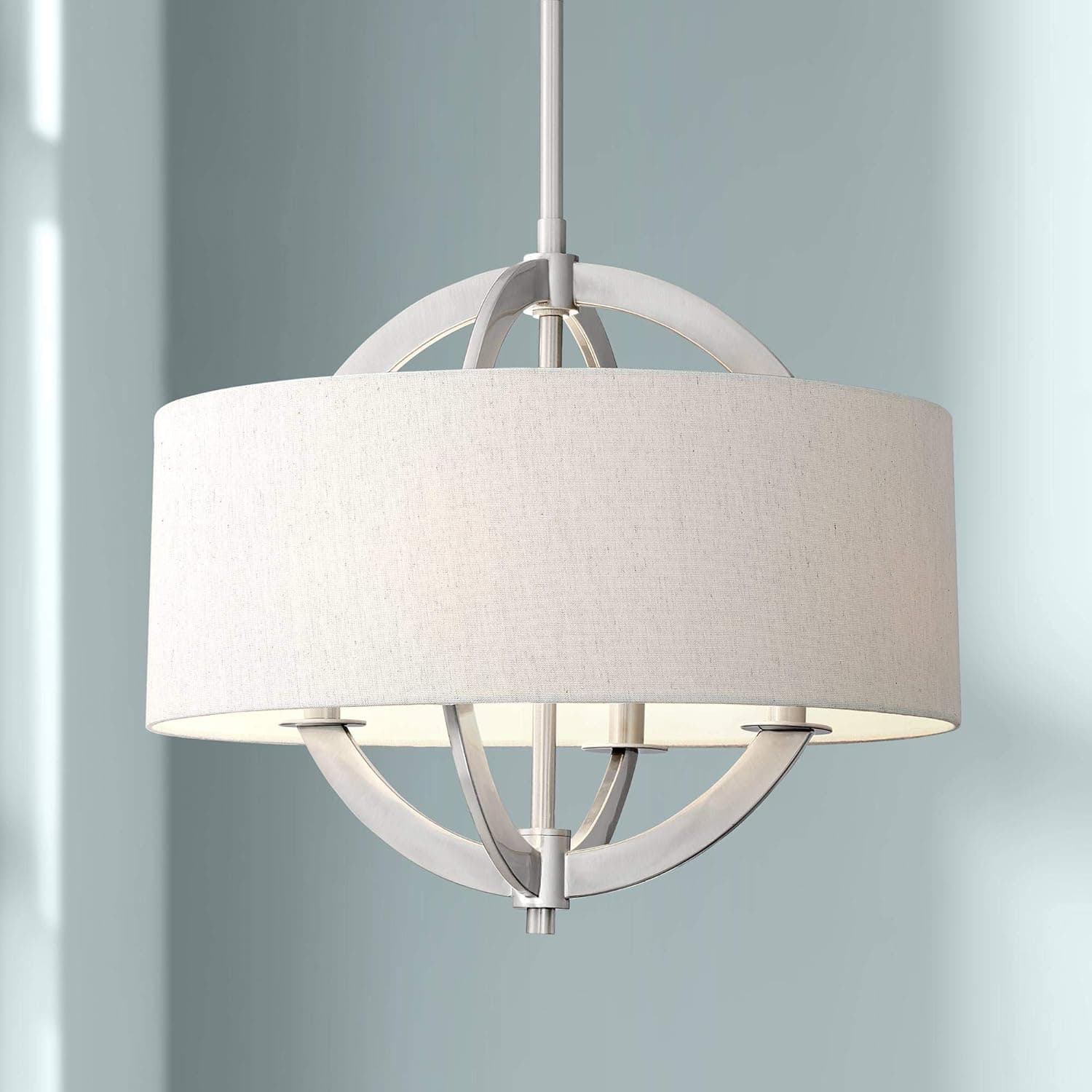 Possini Euro Design Saturna Brushed Nickel Drum Pendant Chandelier 21" Wide Modern Oatmeal Linen Shade 4-Light Fixture for Dining Room House Foyer Kitchen Island Entryway Bedroom Living Room