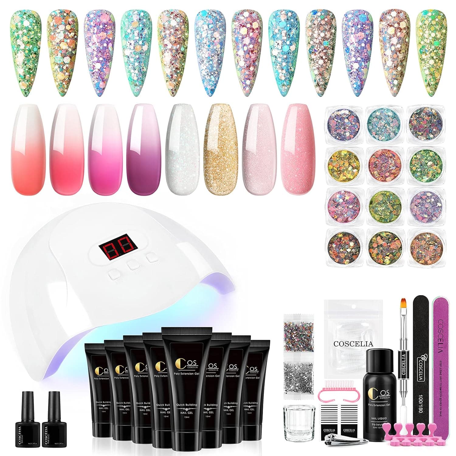 Coscelia Poly Nail Gel Kit with U v Lamp Starter Kit, 8 Colors Poly Extension Gel with Slip Solution, Base and Top Coat Set, Glitter Manicure Tools for Nails Builder Gift for Women