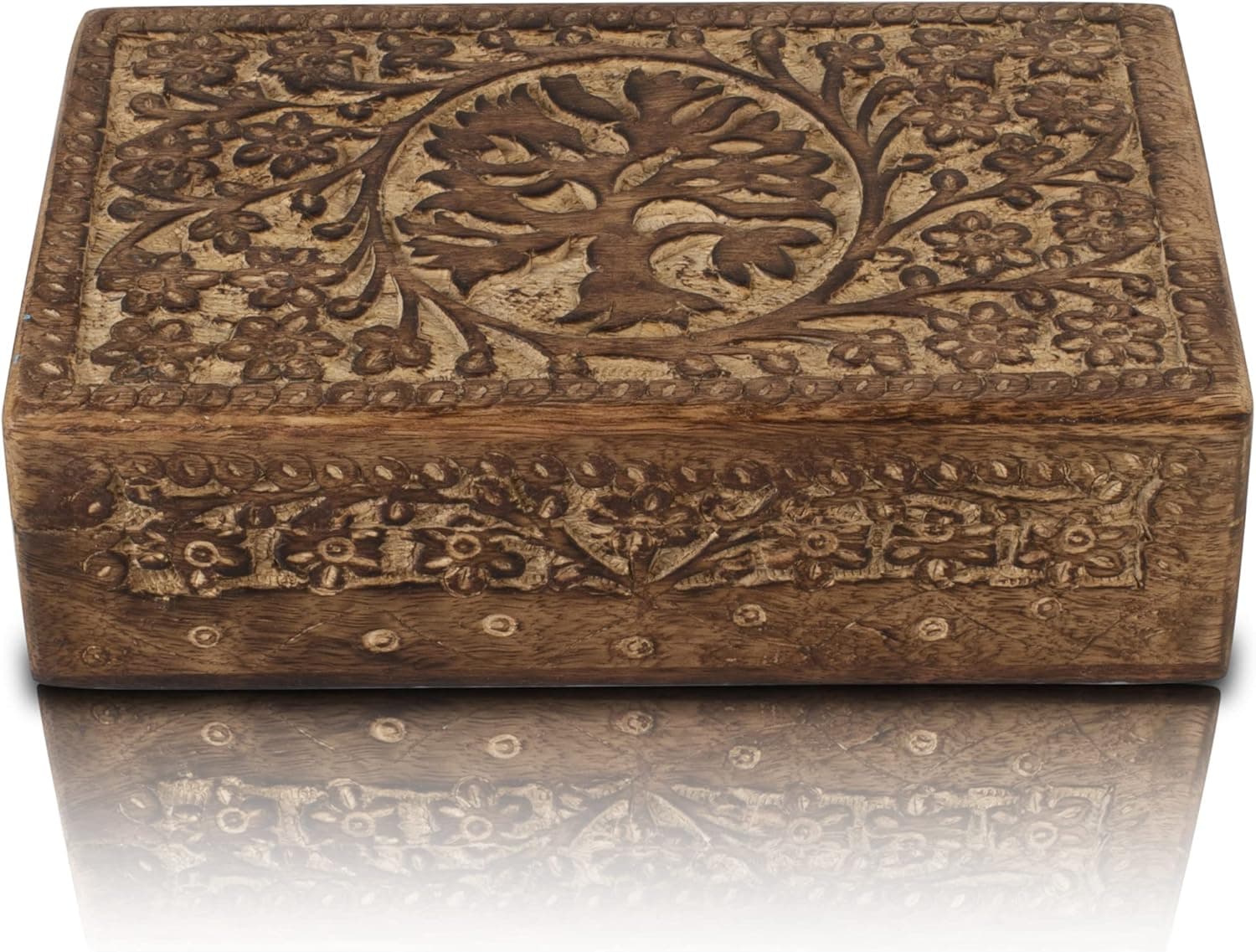 Great Birthday Gift Handmade Decorative Wooden Jewelry Box With Tree Of Life Carving Jewelry Organizer Keepsake Box Treasure Chest Trinket Holder Watch Box Storage Box Housewarming Gifts (Natural)