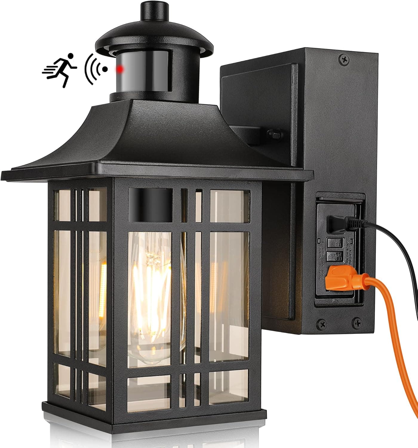 WIHTU Motion Sensor Outdoor Porch Lights with 2 GFCI Outlets, Waterproof Wall Lights with 3 Lighting Modes for House, Dusk to Dawn Aluminum Anti-Rust Exterior Light Fixture for Balcony, Garage