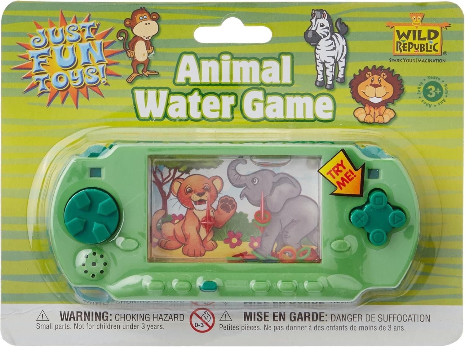 WILD REPUBLIC Elephant, Lion, Water Game, Animal, Kids Travel Games, Kids Gifts, Handheld Water Game 6", Green