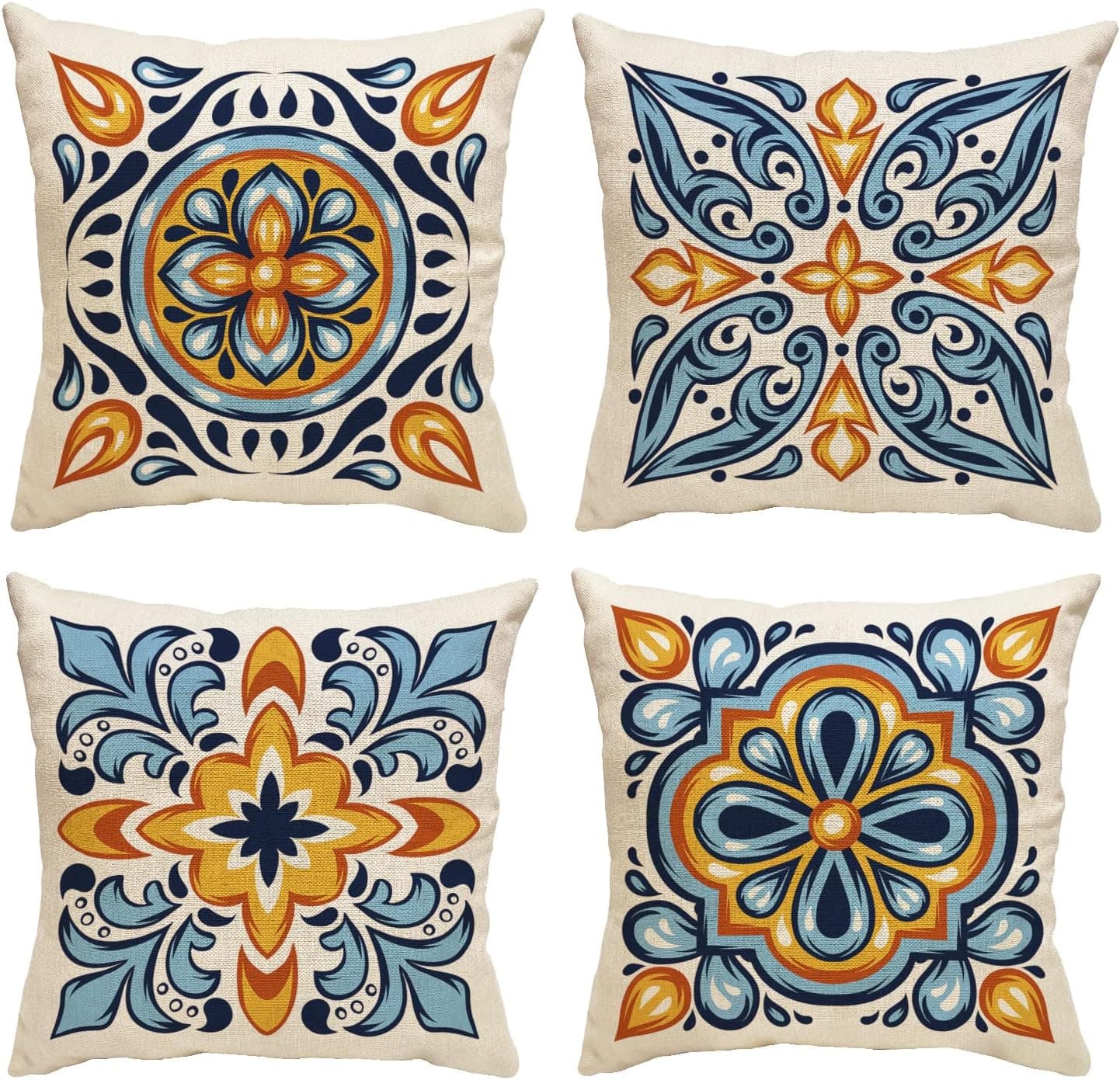 TPHIHPT Colorful Throw Pillow Covers 18x18 Set of 4, Bohemian Throw Pillow Covers with Hidden Zipper Decorative Throw Pillow Covers Soft Linen Outdoor Cushion Cases for Couch Sofa Pillow Covers