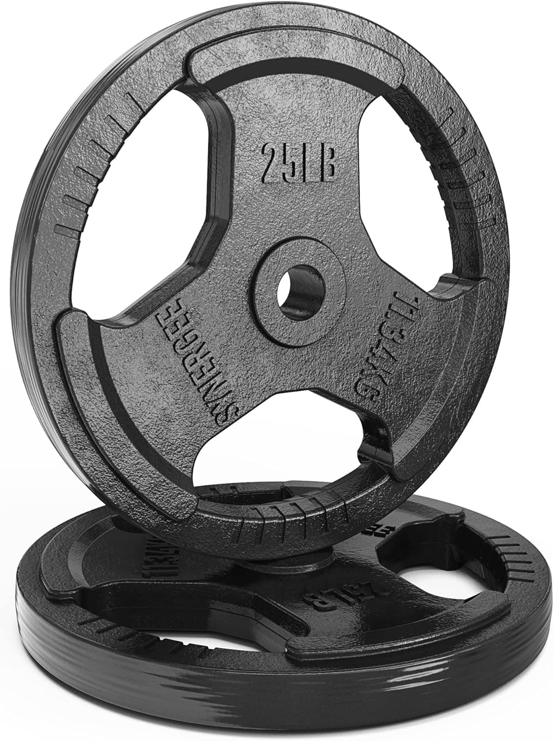 Synergee Cast Iron Weight Plates with 1” Opening for Bodybuilding, Olympic & Power lifting workouts. Metal Weight Plates Sold in Singles, Pairs & Sets. Available from 2.5 to 45 Pounds.