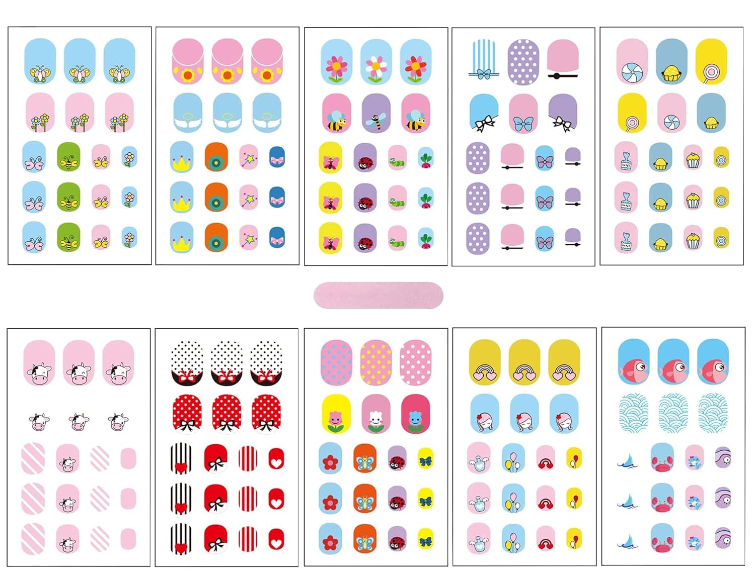 Kids Nail Stickers Full Nail Wraps Self Adhesive Nail Polish Strips for Kids Girls Nail Art Decoration Fun Including Flowers Butterflies Cows Recommend for Age 8 and Older (Pack of 10)