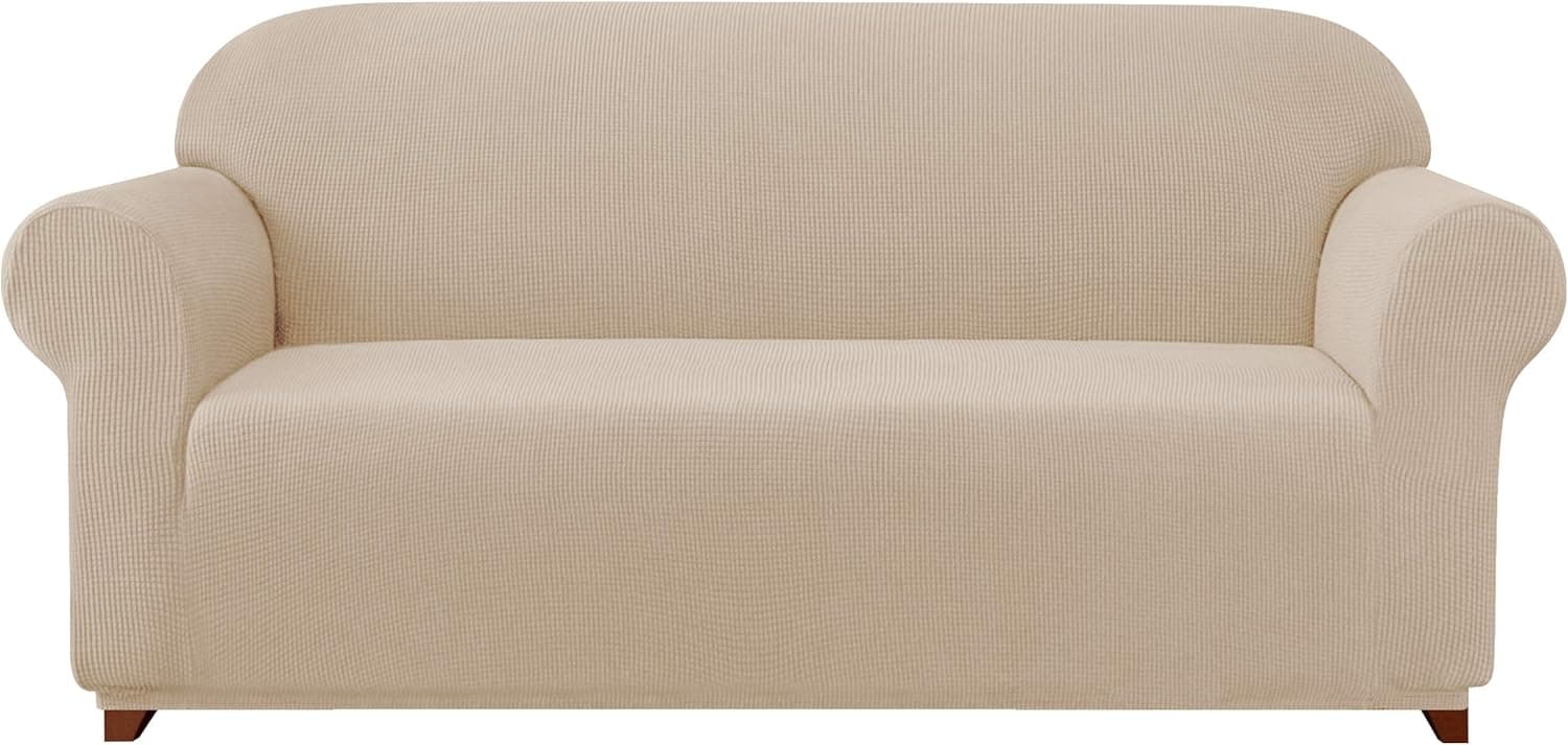 subrtex Sofa 1-Piece Stretch Slipcover Soft Couch Washable Furniture Covers Jacquard Fabric Small Checks(Camel,Medium)