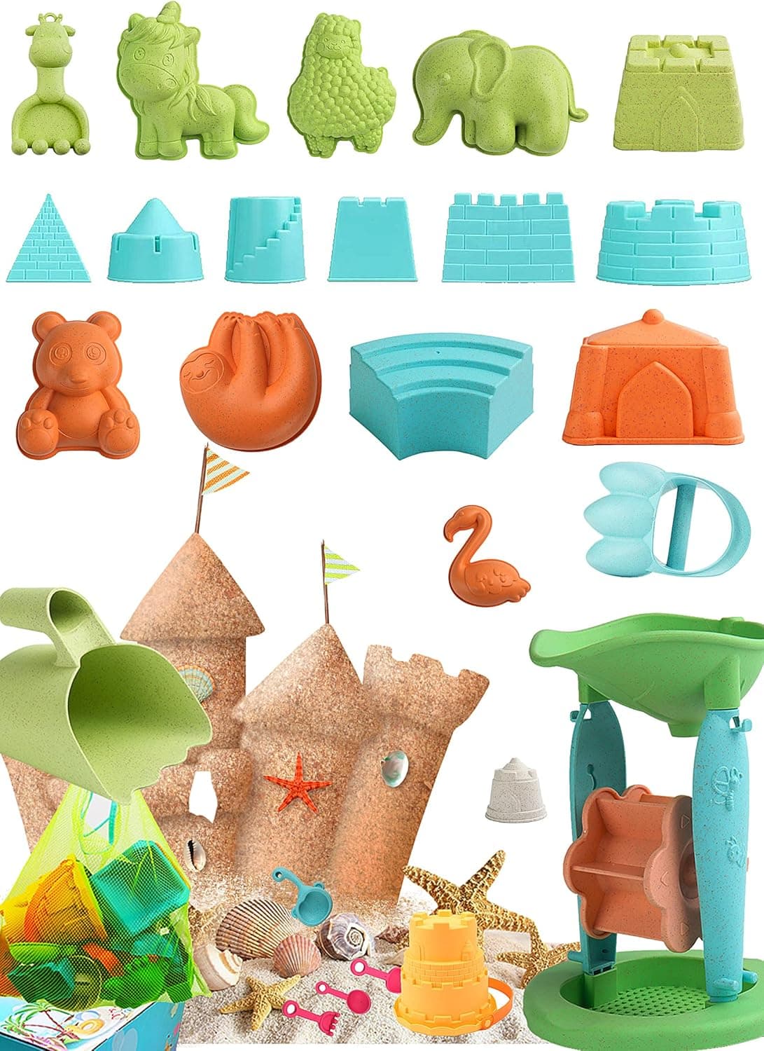 SIMPLENICE Cute Sand Beach Toys,2021 New Beach Toy for Kids,Eco-Friendly Sand Toys, 25Pcs Sand Toys Set Includes Castle Bucket, Shovel Tool , Sand Molds, with Carrying Net Bag and Gift Box