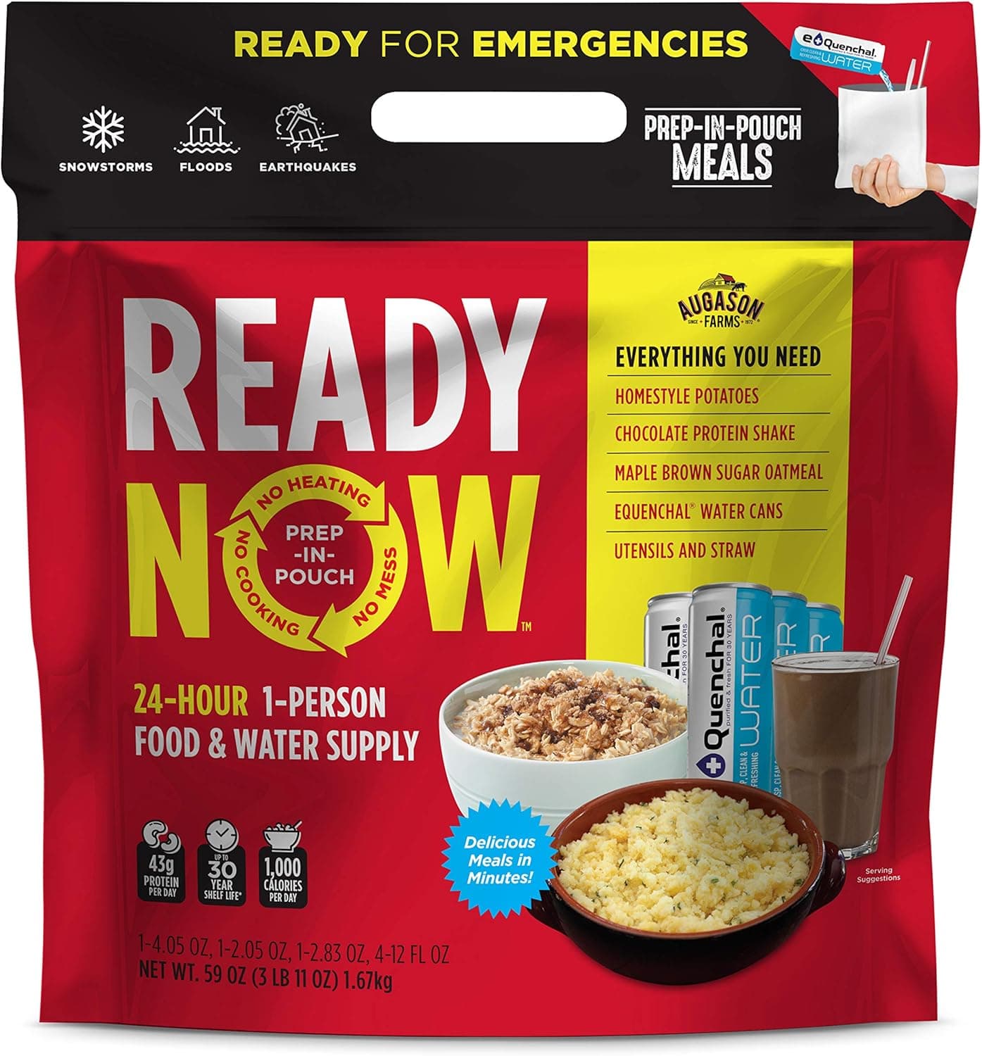 Augason Farms Ready Now Emergency Food Supply with Homestyle Potatoes | Includes Emergency Water and Utensils | Prep-in-Pouch Meals | Camping Mess Kit | 25-Year Shelf Life