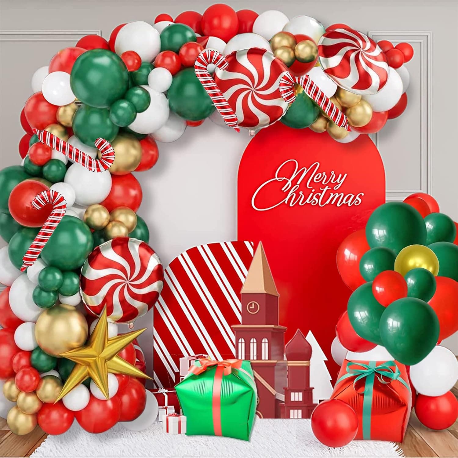 Joddguu Christmas Balloon Garland Arch Kit 145 Pcs Red White Green Gold Latex Balloons Candy Cane Gift Box Star Starburst Foil Balloons for New Year Xmas Holiday Party Decorations Supplies