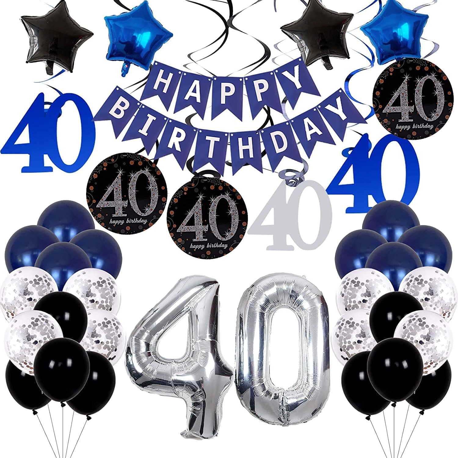 40th Birthday Decorations for Men Women- Navy Blue Birthday Party Decorations for Women Party Supplies with HAPPY BIRTHDAY Banner Balloons for Birthday Party Decor - 40th Bday Decorations for Men