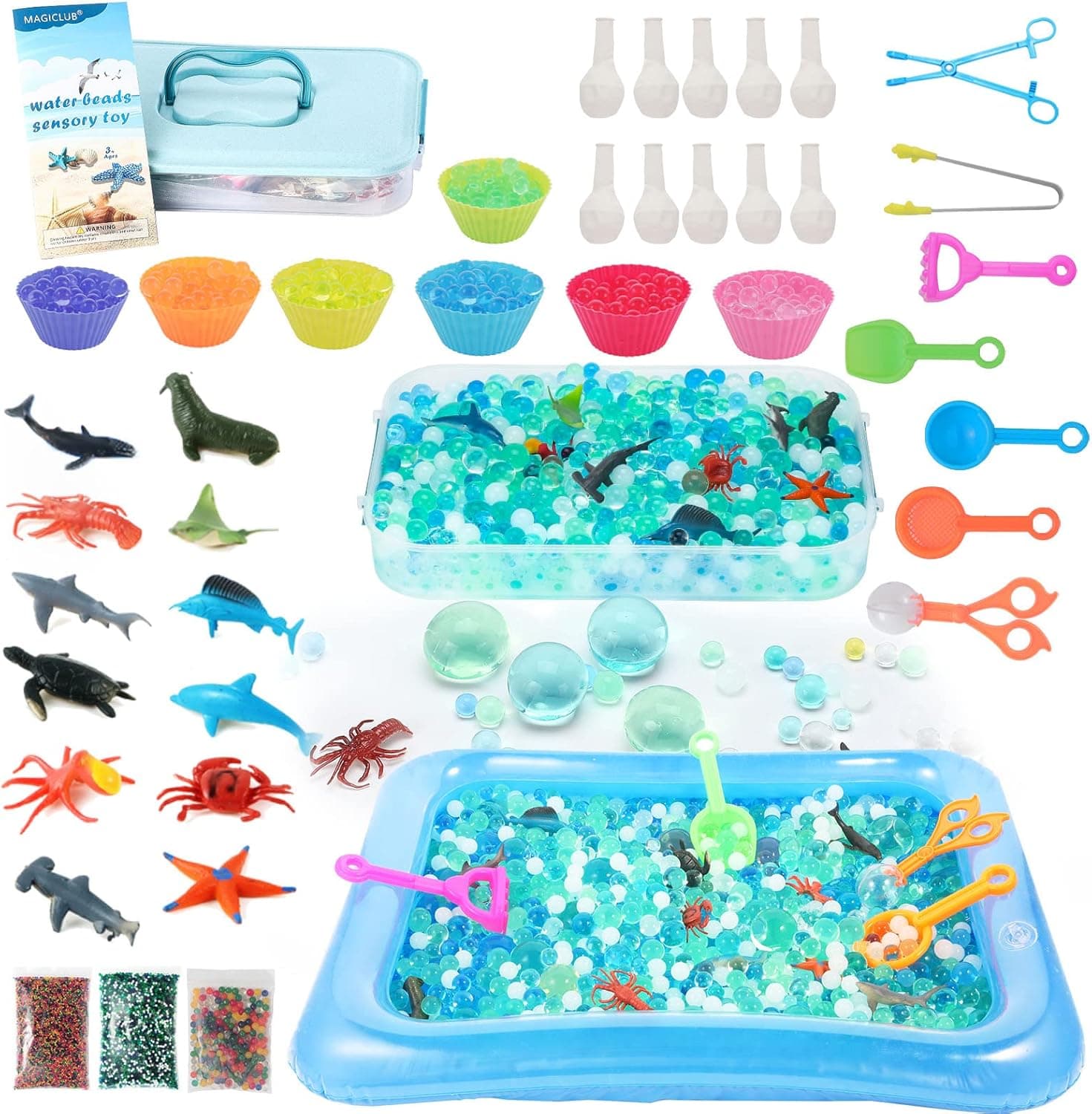 MAGICLUB 40000 PCS Non-Toxic Water Beads Sensory Toy for Kids,100 PCS Giant Water Beads,Fine Motor Skills Toy Set with 12 Ocean Toy,7 Cups,4 Sensory Tools,3 Tweezers,10 Balloons and Water Mat