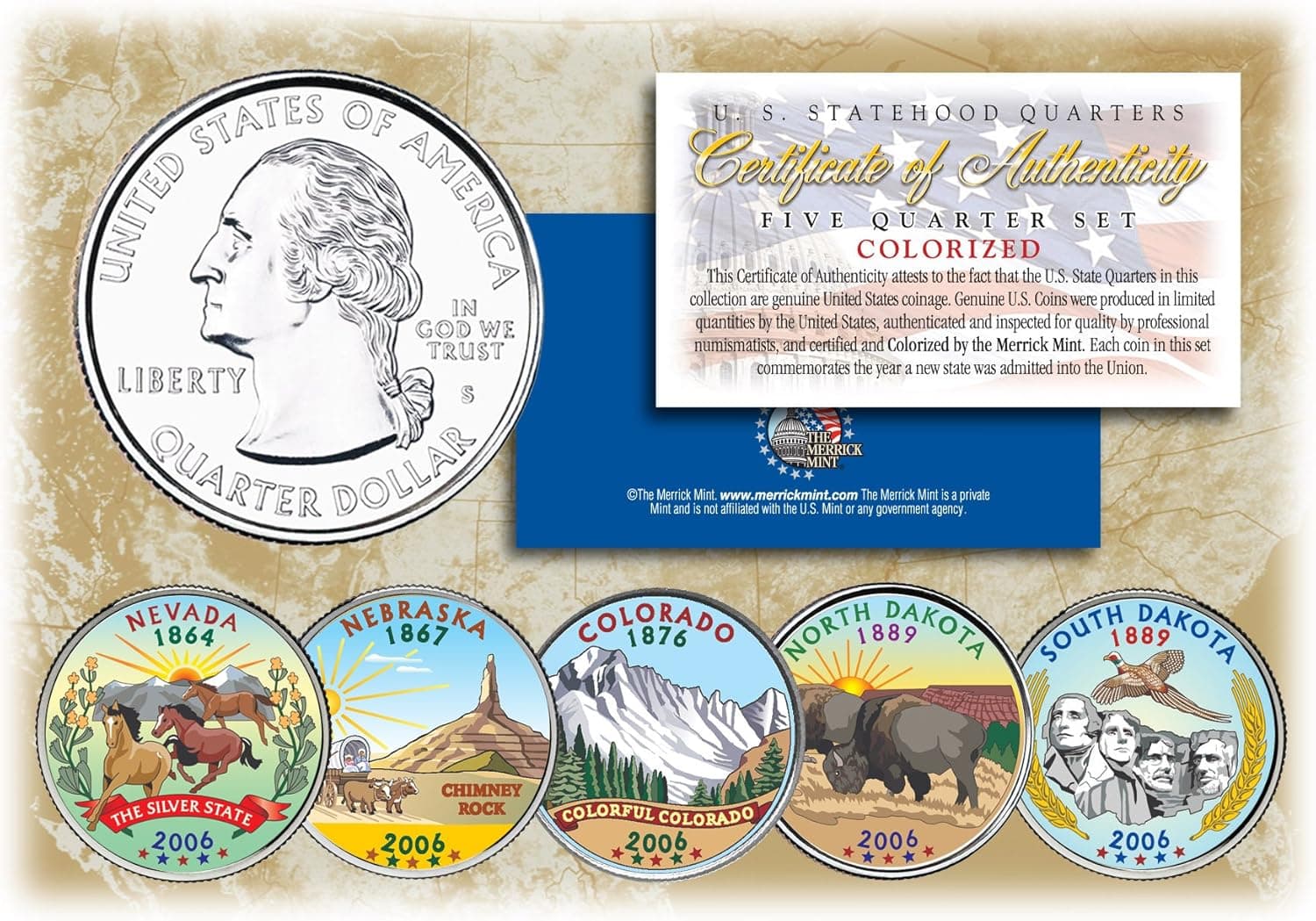 2006 US Statehood Quarters COLORIZED Legal Tender 5-Coin Complete Set w/Capsules